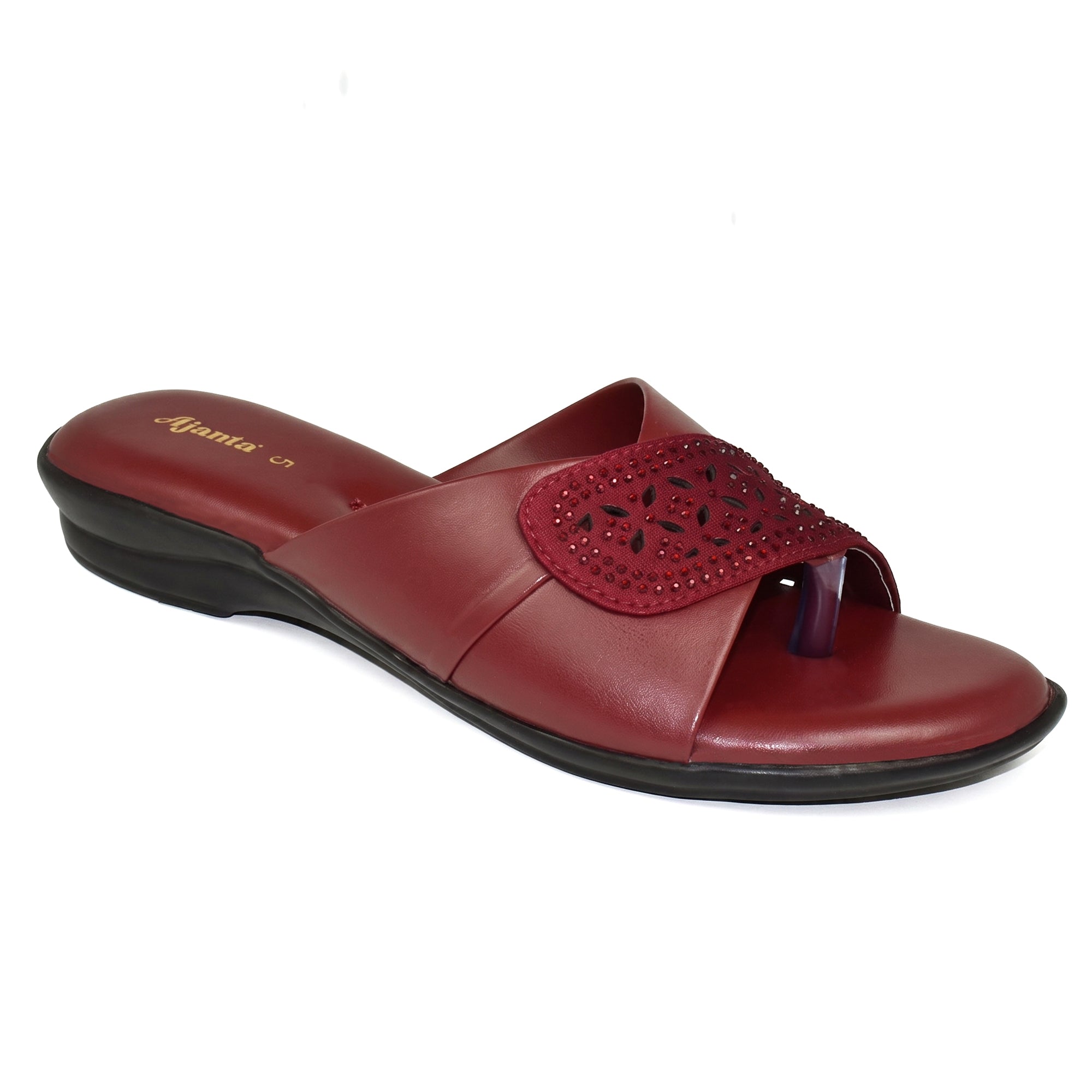 AJANTA Women's Stylish Toe Ring Rhinestone Embellished Cross Strap Sandals | Lightweight Slip-On Flat Sandals with Extra Soft Cushioned Footbed & Anti-Skid Sole | Casual, Office, College, Party, Wedding, Puja & Occassional Wear