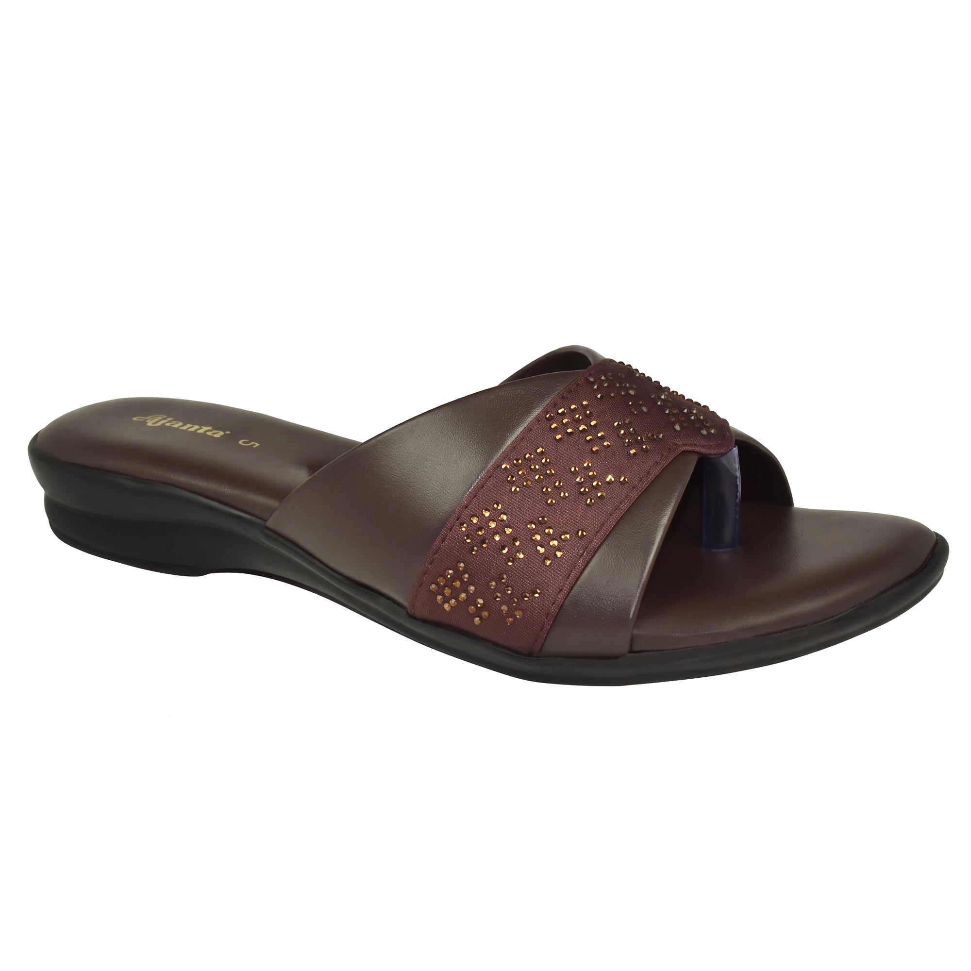 AJANTA Women's Stylish Toe Ring Rhinestone Embellished Cross Strap Sandals | Lightweight Slip-On Flat Sandals with Extra Soft Cushioned Footbed & Anti-Skid Sole | Casual, Office, College, Party, Wedding, Puja & Occassional Wear