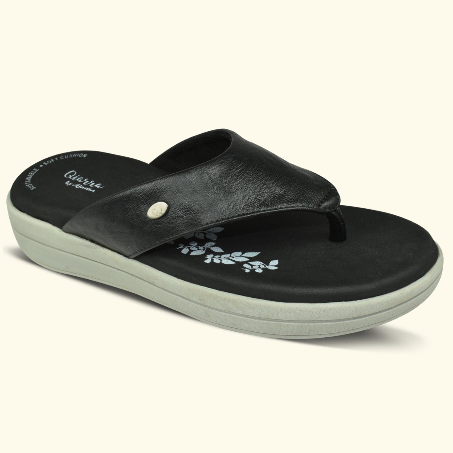 Qiarra Black Thong Style Floral Printed Cushioned Footbed Sandal for Women