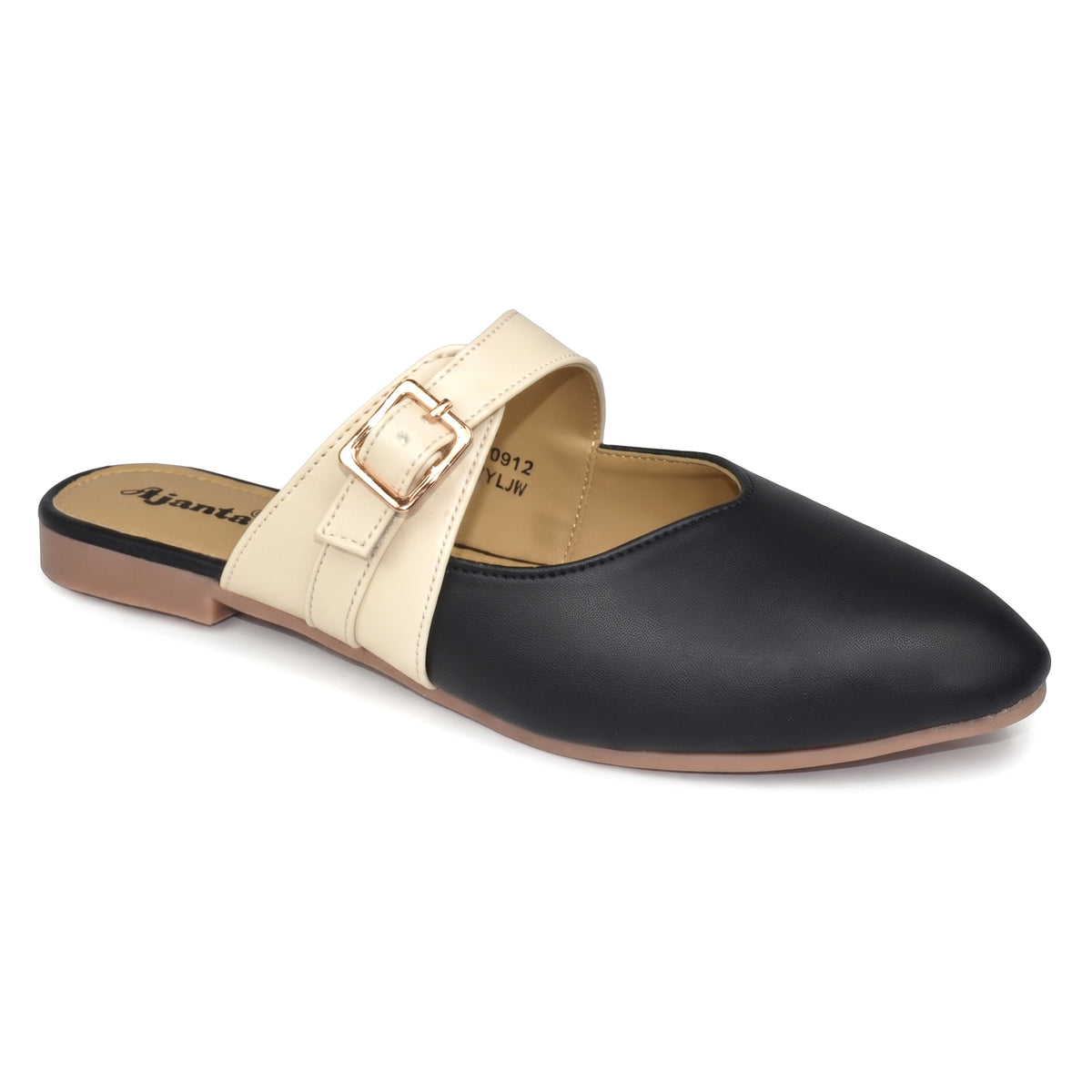 AJANTA Dual-Tone Classique Women’s Pointed Toe Mules | Stylish Flat Buckled Backless Ladies Half Shoes | Comfortable Two-Tone Formal Loafer Slides & Party, Office Wear Flats | Casual Jutti Style Footwear