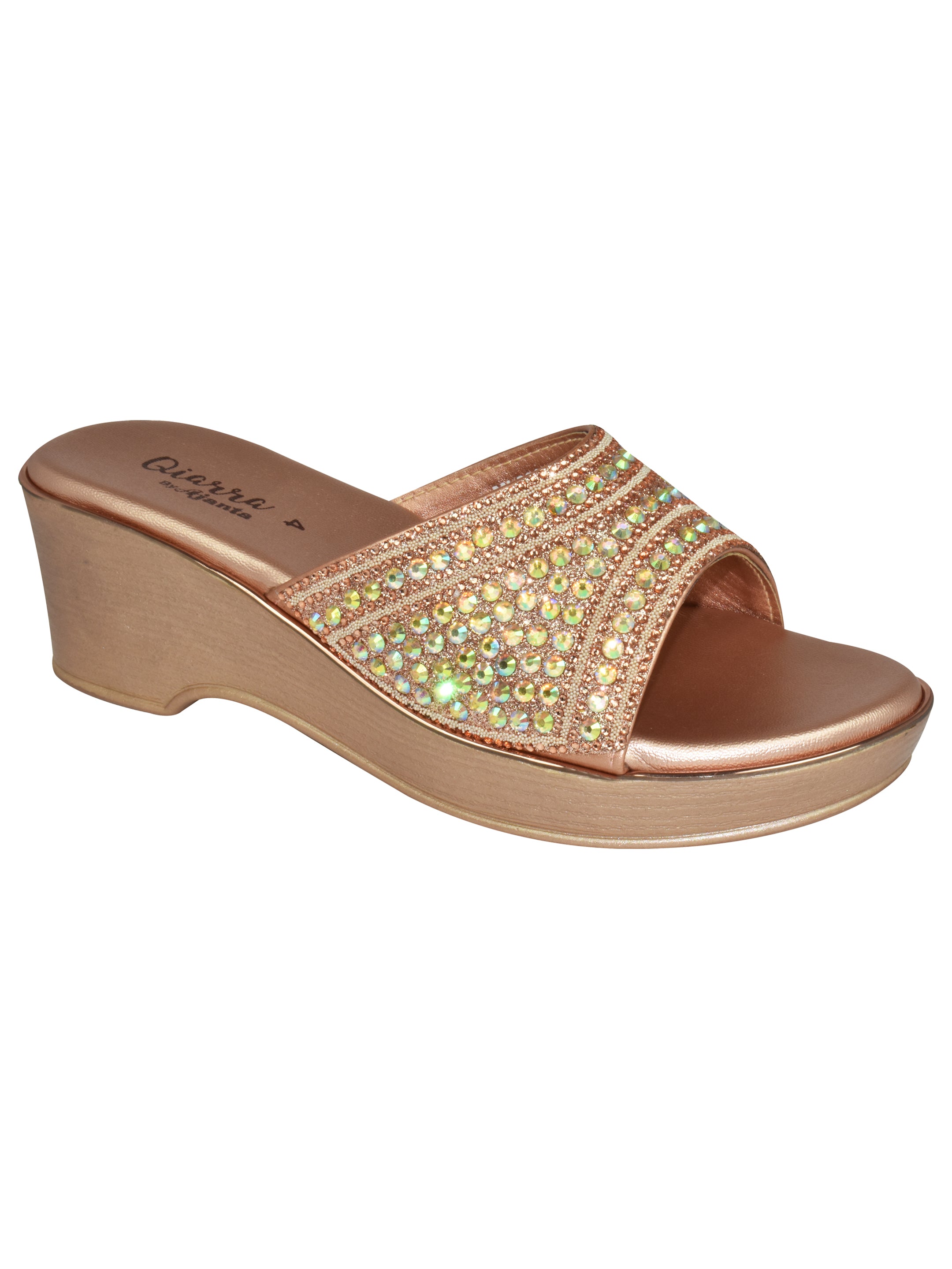 QIARRA Women's Bronze Stone Embellished Rexine Upper, Cushioned Insole PVC Sole Open Toe Mule Wedge Sandal ML0907