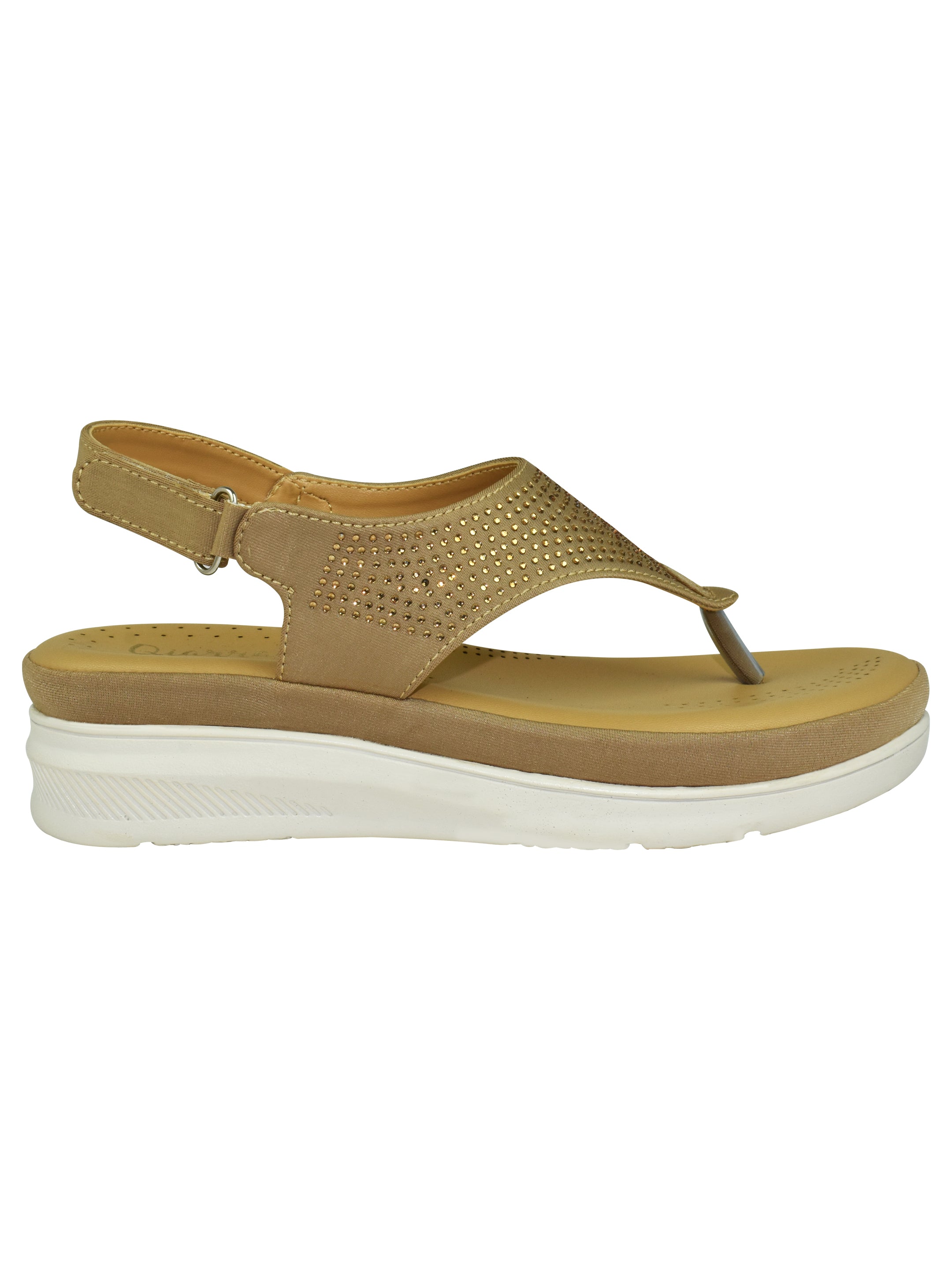 QIARRA Women's Beige Embellished Rexine Upper, Cushioned Insole, AirMax Sole & Buckle Closure Sandal LB0989