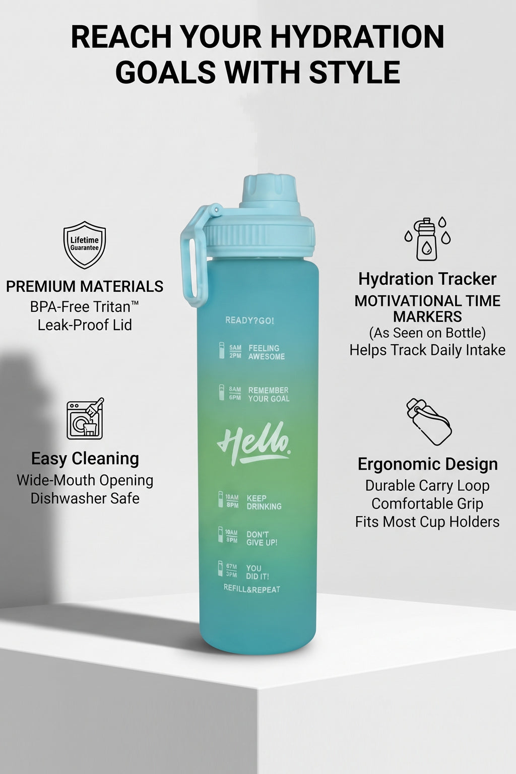Ajanta 1L Motivational Sports Water Bottle | BPA Free Food Grade Plastic Leakproof Sports Sipper Bottle | Screw Lid with Carry Handle Time Marker Reusable Water Bottle for Gym, Office, School & Travel