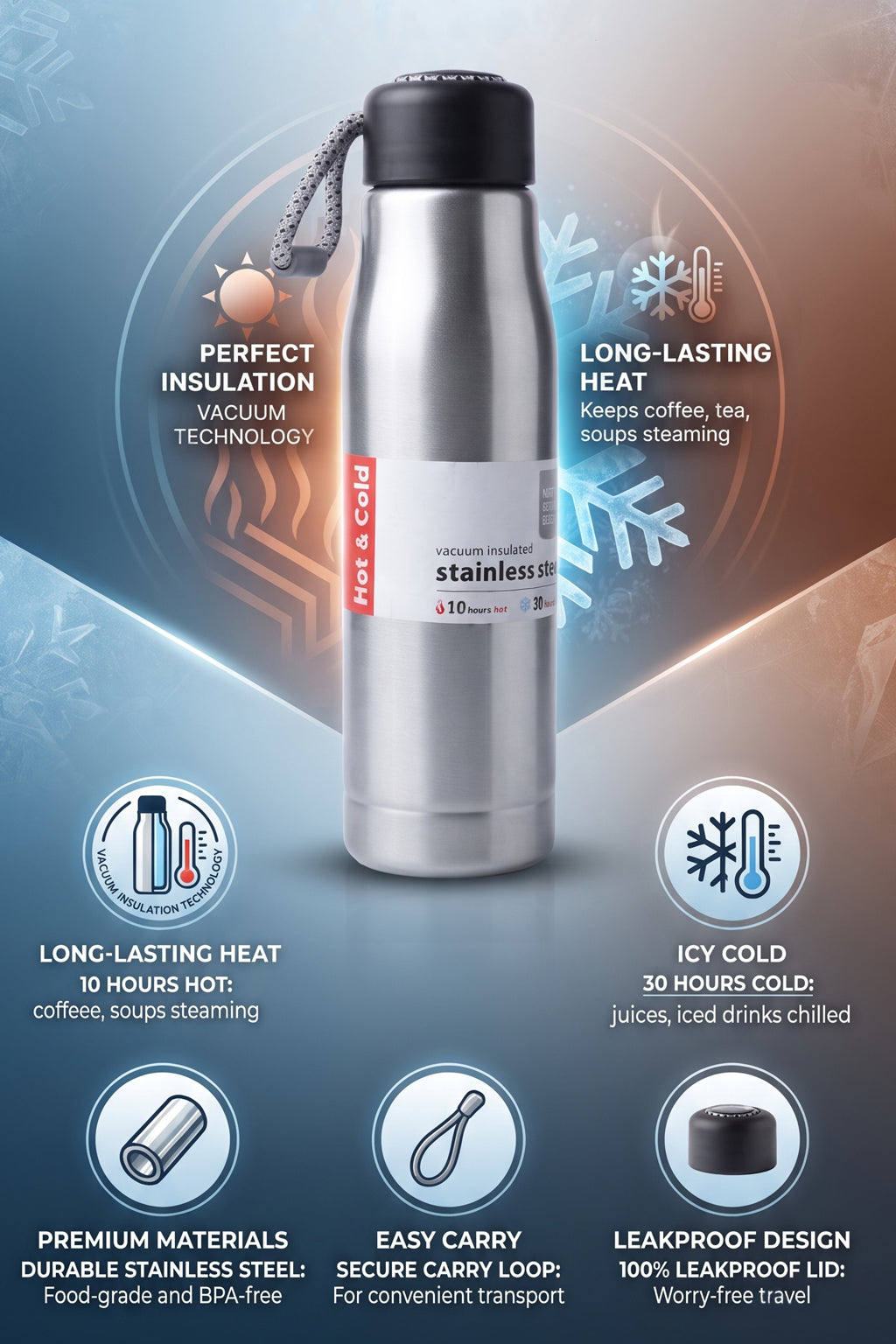 AJANTA Vacuum Insulated Stainless Steel Water Bottle 550 ml | Double Wall Thermos Flask | Leakproof, BPA Free | Keeps Hot 10 Hrs & Cold 30 Hrs | Office, School, Gym, Travel