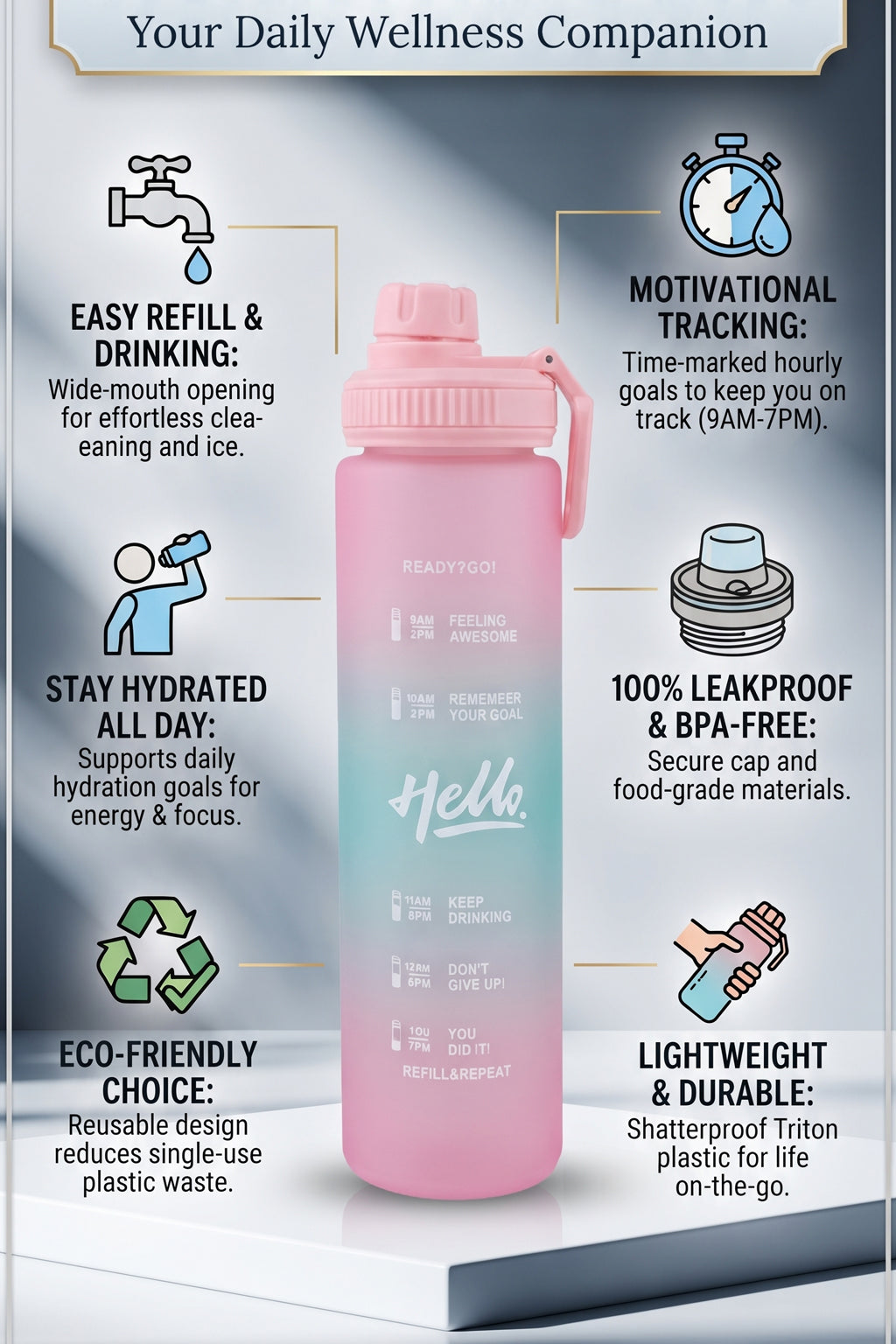Ajanta 1L Motivational Sports Water Bottle | BPA Free Food Grade Plastic Leakproof Sports Sipper Bottle | Screw Lid with Carry Handle Time Marker Reusable Water Bottle for Gym, Office, School & Travel