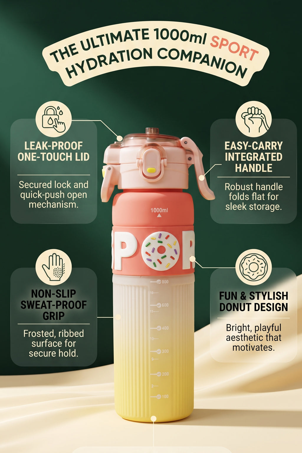 Ajanta Sports Water Bottle with Straw 1000ml | BPA Free Plastic Leakproof Sipper Bottle | One Click Flip Top Lid with Safety Lock & Carry Handle | Time Marker for Gym, Workout, School, Office, Fitness, Travel & Outdoor For Kids, Women & Men