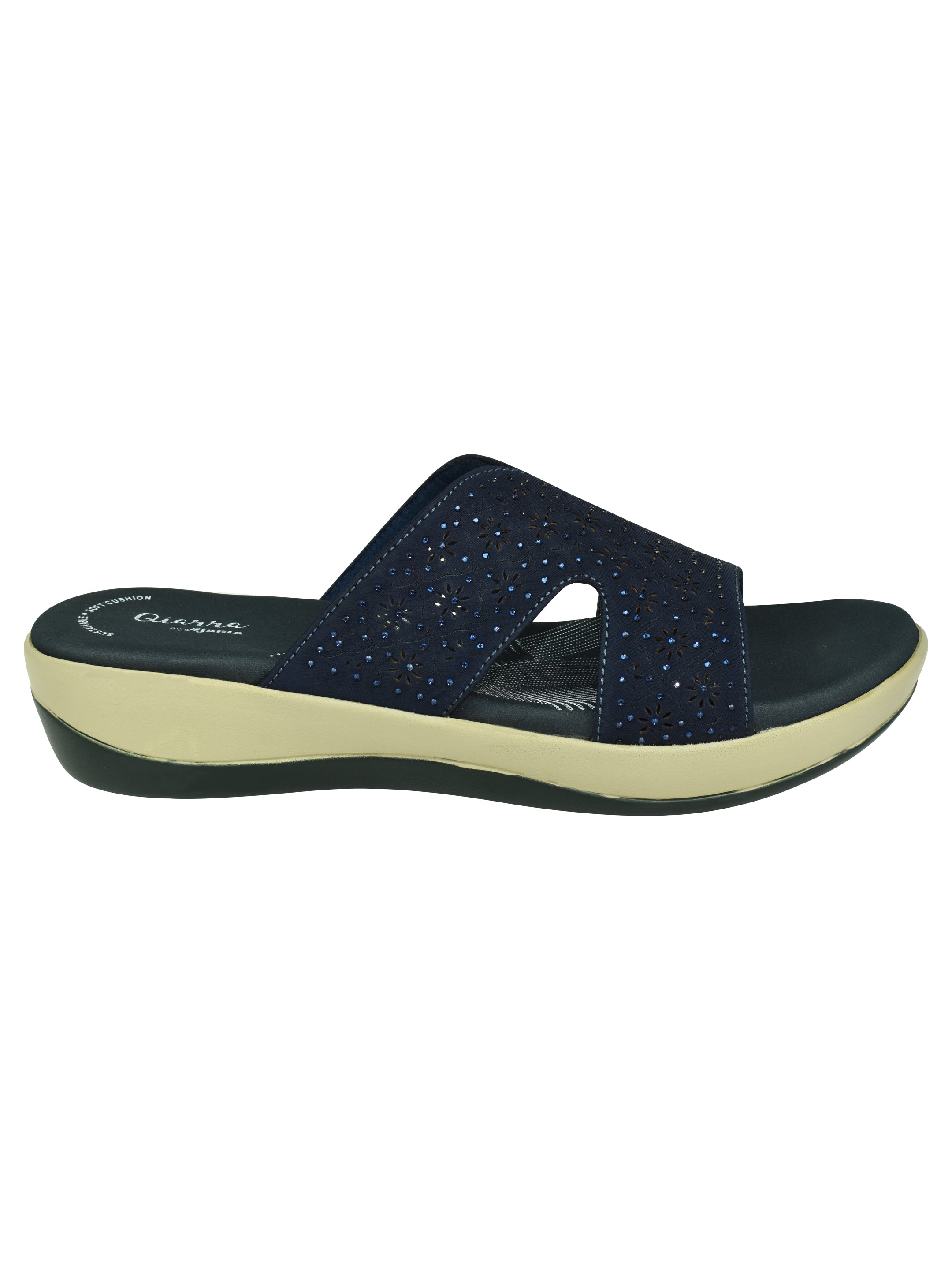 QIARRA Women's Navy Embellished & Laser Cut Rexine Upper, Cushioned Insole, AirMax Sole Open Toe Sandal ML0899