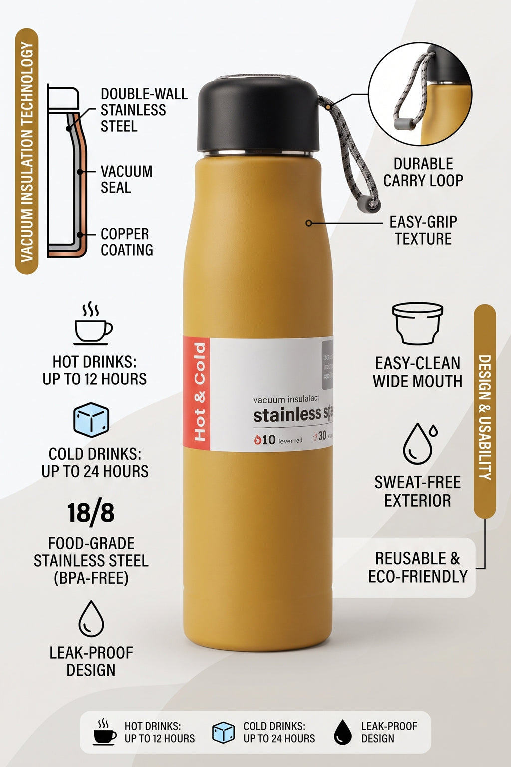 AJANTA Vacuum Insulated Stainless Steel Water Bottle 550 ml | Double Wall Thermos Flask | Leakproof, BPA Free | Keeps Hot 10 Hrs & Cold 30 Hrs | Office, School, Gym, Travel
