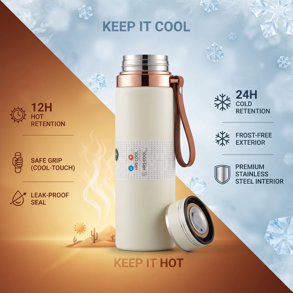 AJANTA 1 Litre Stainless Steel Water Bottle | Double Wall Vacuum Insulated Thermal Flask | 12H Hot & 24H Cold Retention | Leak Proof Water Bottle with Carry Strap, Inner Strainer & Matte Finish Drinking Bottle For Office, Gym & Travel