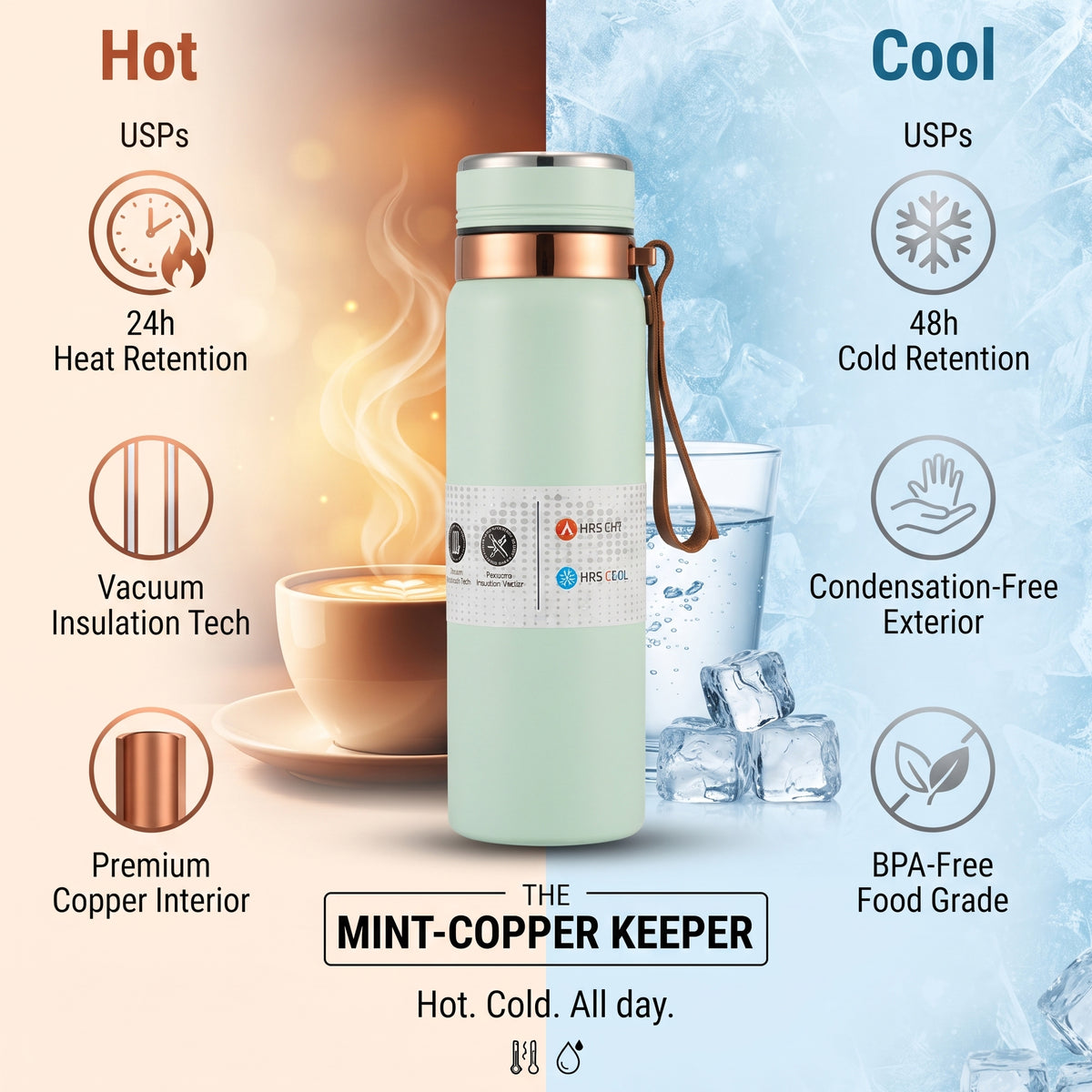 AJANTA 1 Litre Stainless Steel Water Bottle | Double Wall Vacuum Insulated Thermal Flask | 12H Hot & 24H Cold Retention | Leak Proof Water Bottle with Carry Strap, Inner Strainer & Matte Finish Drinking Bottle For Office, Gym & Travel
