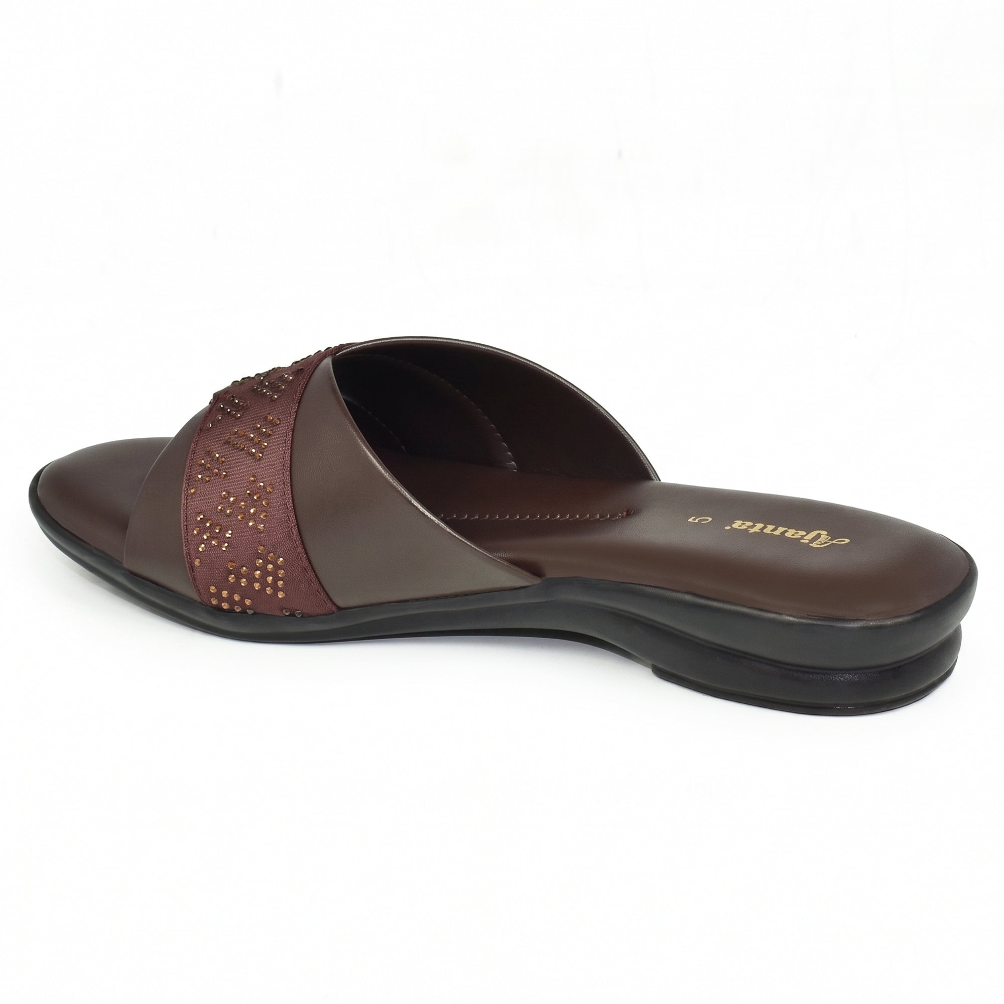 AJANTA Women's Stylish Toe Ring Rhinestone Embellished Cross Strap Sandals | Lightweight Slip-On Flat Sandals with Extra Soft Cushioned Footbed & Anti-Skid Sole | Casual, Office, College, Party, Wedding, Puja & Occassional Wear