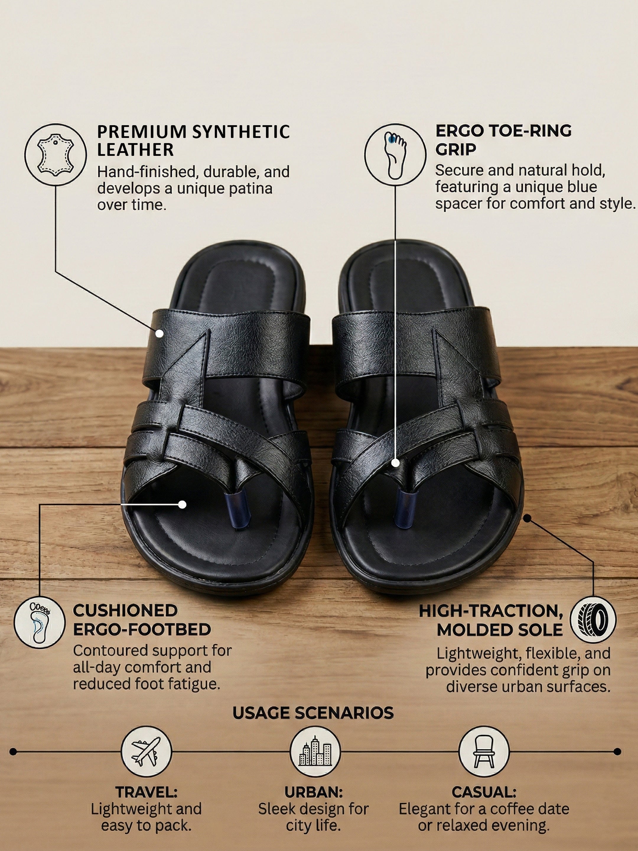 Ajanta Men’s Black Anti-Slip Sandals