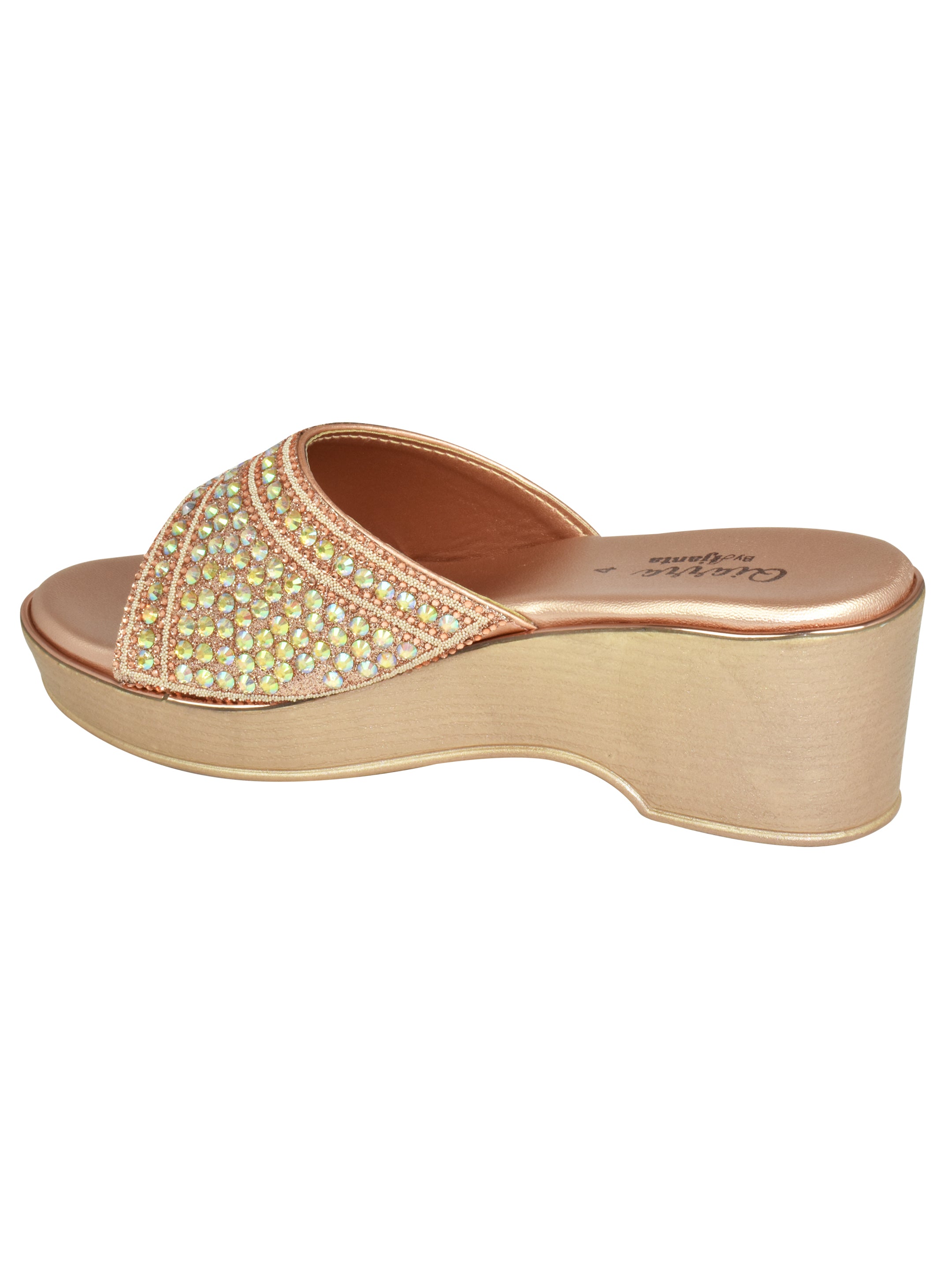QIARRA Women's Bronze Stone Embellished Rexine Upper, Cushioned Insole PVC Sole Open Toe Mule Wedge Sandal ML0907