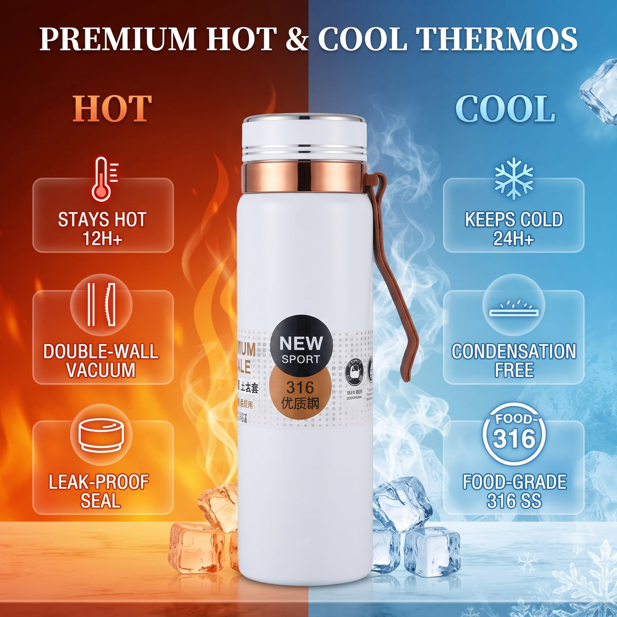 AJANTA 1 Litre Stainless Steel Water Bottle | Double Wall Vacuum Insulated Thermal Flask | 12H Hot & 24H Cold Retention | Leak Proof Water Bottle with Carry Strap, Inner Strainer & Matte Finish Drinking Bottle For Office, Gym & Travel