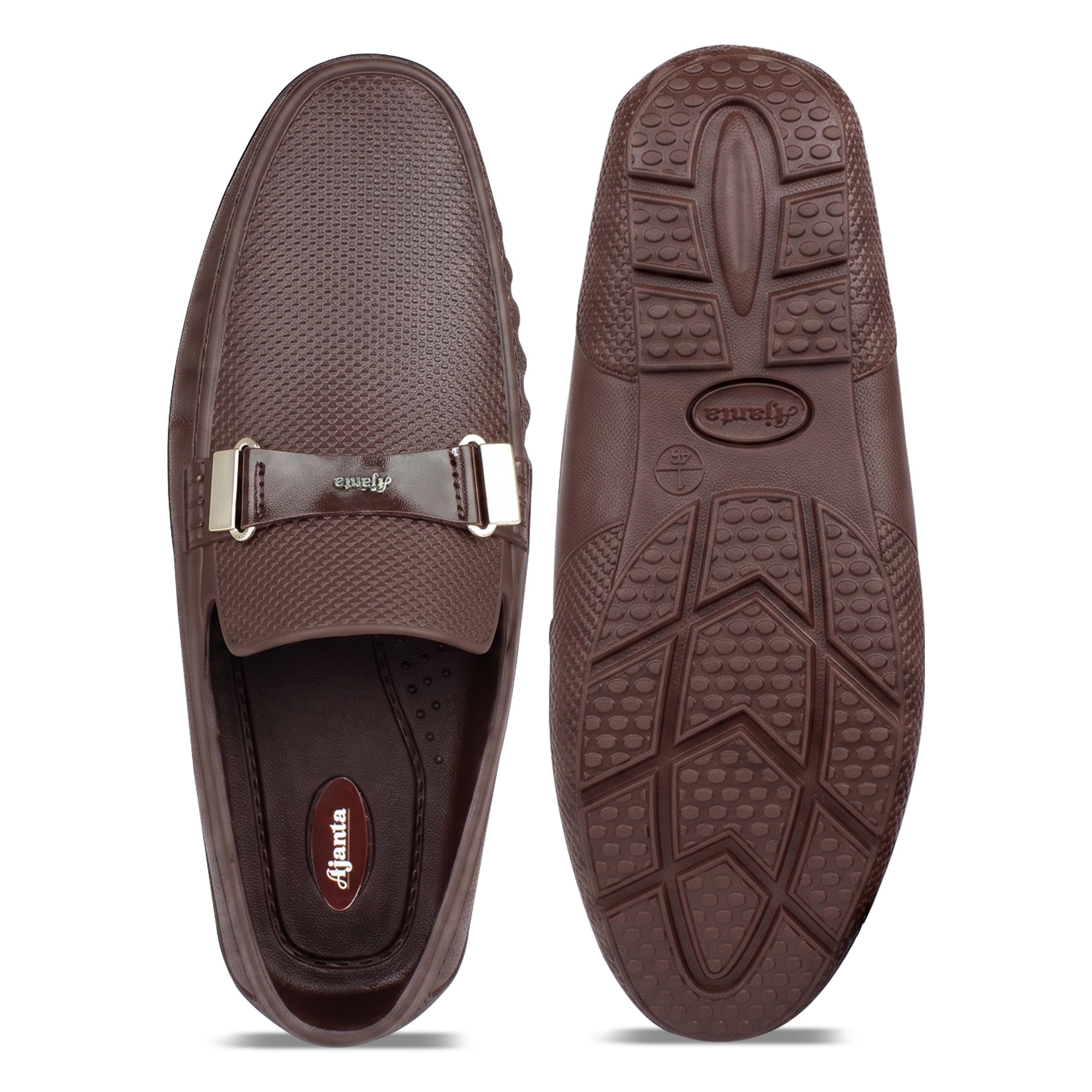 AJANTA PVC Loafers Monsoon Shoes for Men | Waterproof Slip Resistant Flexible Outsole | Lightweight Slip-On Embossed Metal Buckle Casual Rain Shoes for Office & Party Brown