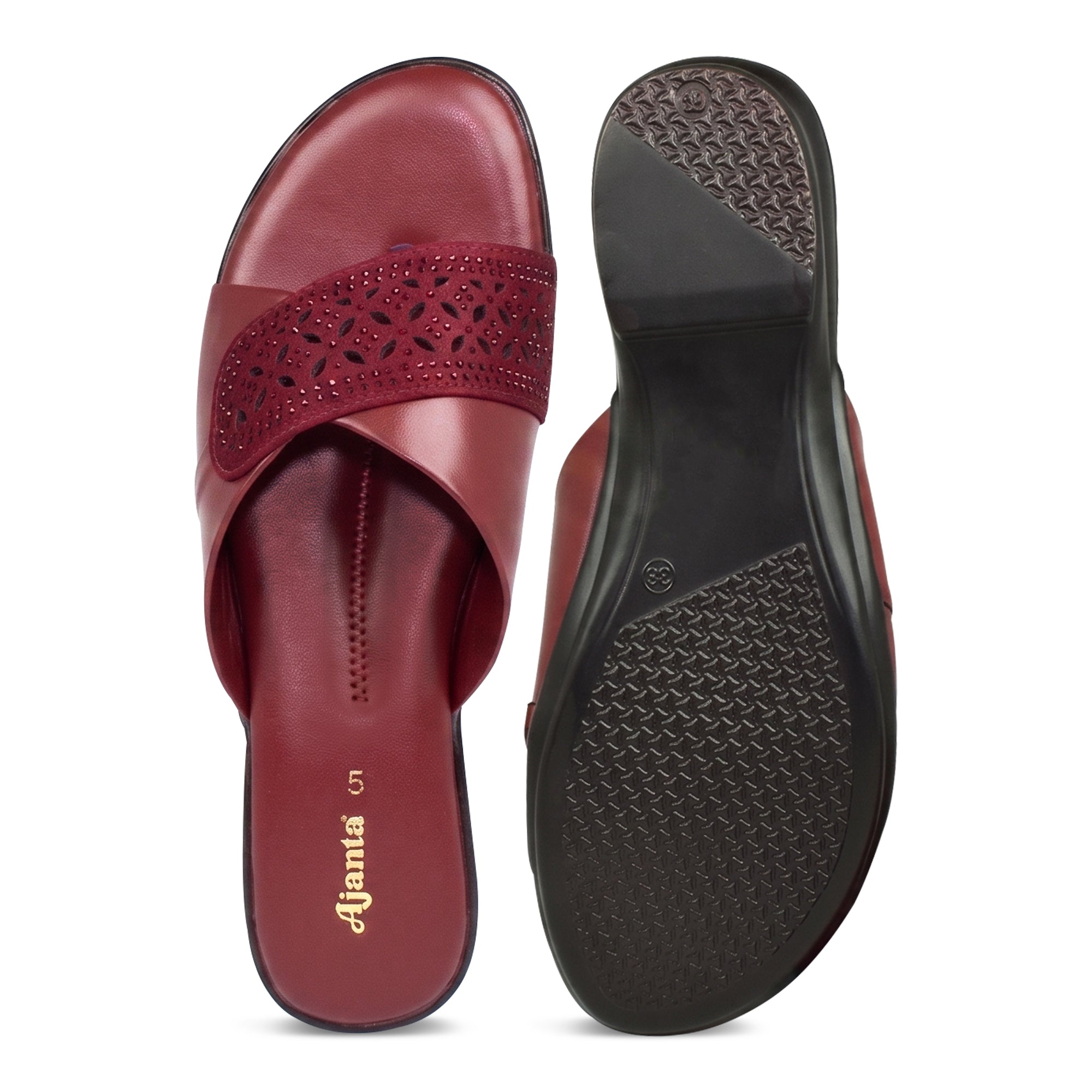 AJANTA Women's Stylish Toe Ring Rhinestone Embellished Cross Strap Sandals | Lightweight Slip-On Flat Sandals with Extra Soft Cushioned Footbed & Anti-Skid Sole | Casual, Office, College, Party, Wedding, Puja & Occassional Wear