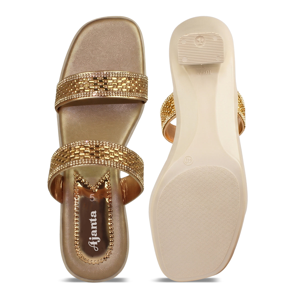 AJANTA Women’s Gold Heels Sandals | Embellished Rhinestone Stone Work Block Heel Sandals | Slip-On Open Toe Heels for Women | Fancy Wedding, Party, Festive, Ethnic & Occasion Wear Footwear