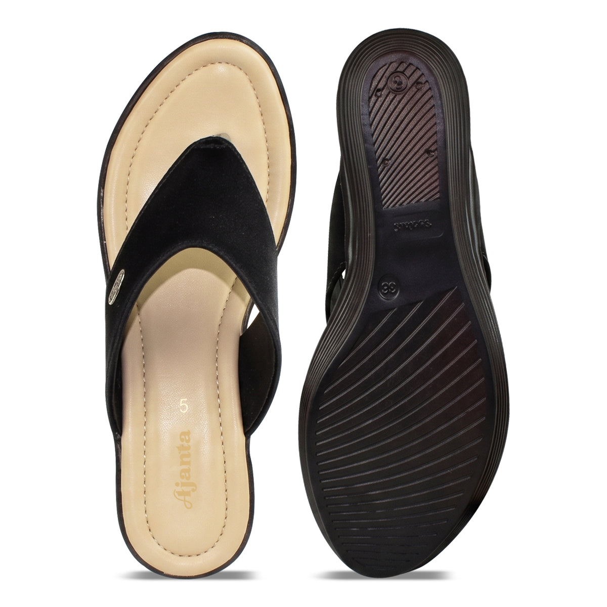 AJANTA Women Wedge Heel Sandals | Toe Post Flip Flop Sandals for Women | Platform Slip On Sandals | Lightweight Cushioned Walking Footwear | Daily, Office, Travel, Puja & Occasion Wear Black