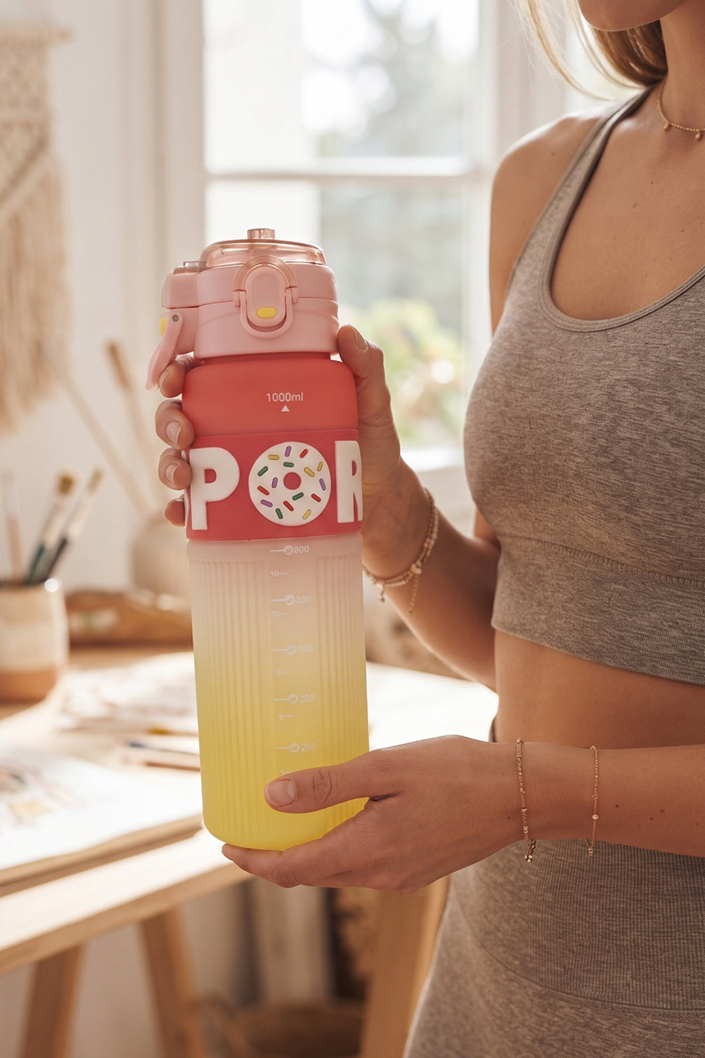 Ajanta Sports Water Bottle with Straw 1000ml | BPA Free Plastic Leakproof Sipper Bottle | One Click Flip Top Lid with Safety Lock & Carry Handle | Time Marker for Gym, Workout, School, Office, Fitness, Travel & Outdoor For Kids, Women & Men
