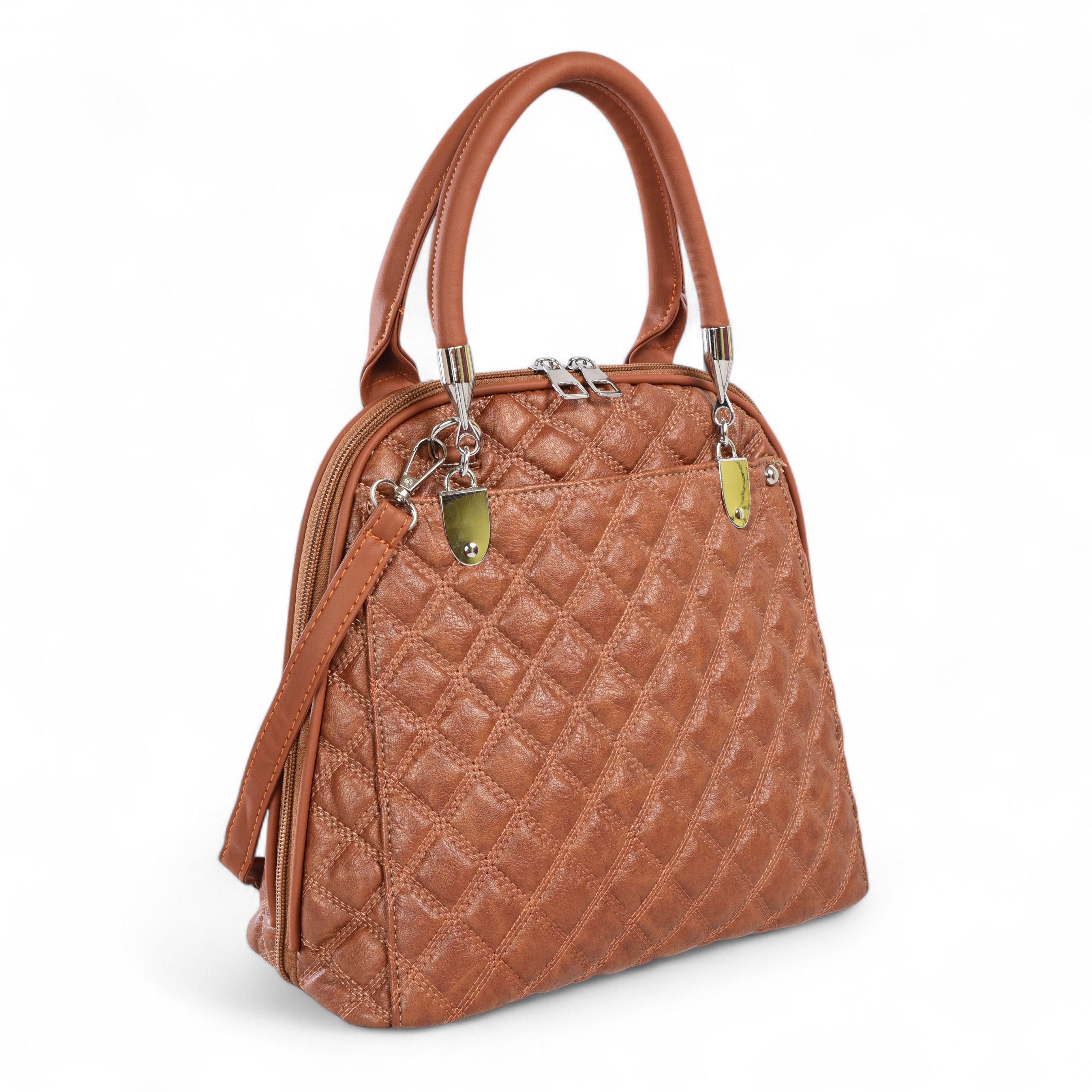 QIARRA Tan Luxe Artificial Leather Premium Quilted Satchel Bag / Handbag with Detachable Slings VB8033