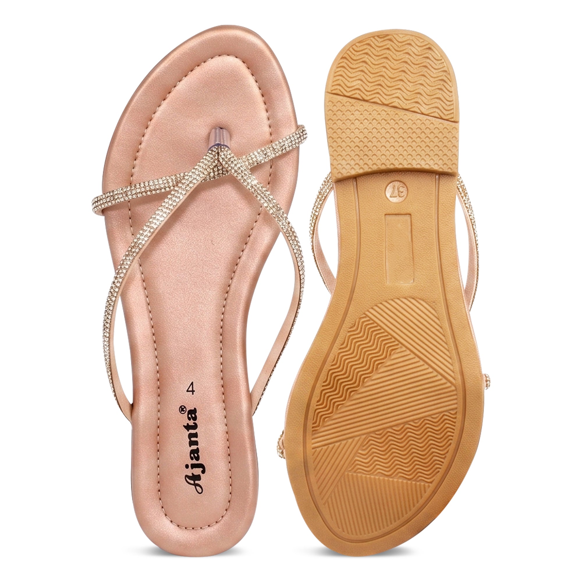 AJANTA Women's Rhinestone Embellished Flat Sandals | Lightweight Slip-On Cross Strap Toe Ring Open Toe Stylish Sandals | Anti-Skid Daily Wear for Office, College, Casual Party, Wedding, Travel, Puja & Festivel Wear | Trendy modern woman Fashion sandals