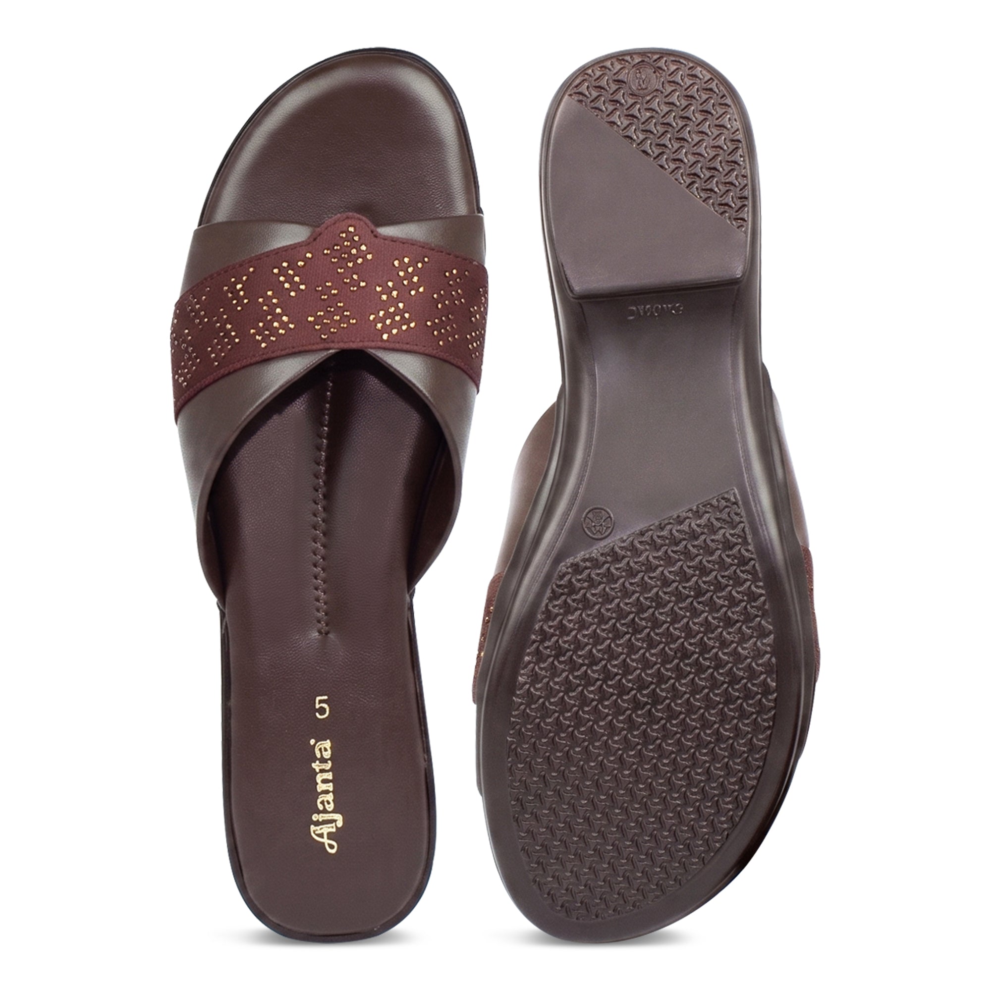 AJANTA Women's Stylish Toe Ring Rhinestone Embellished Cross Strap Sandals | Lightweight Slip-On Flat Sandals with Extra Soft Cushioned Footbed & Anti-Skid Sole | Casual, Office, College, Party, Wedding, Puja & Occassional Wear