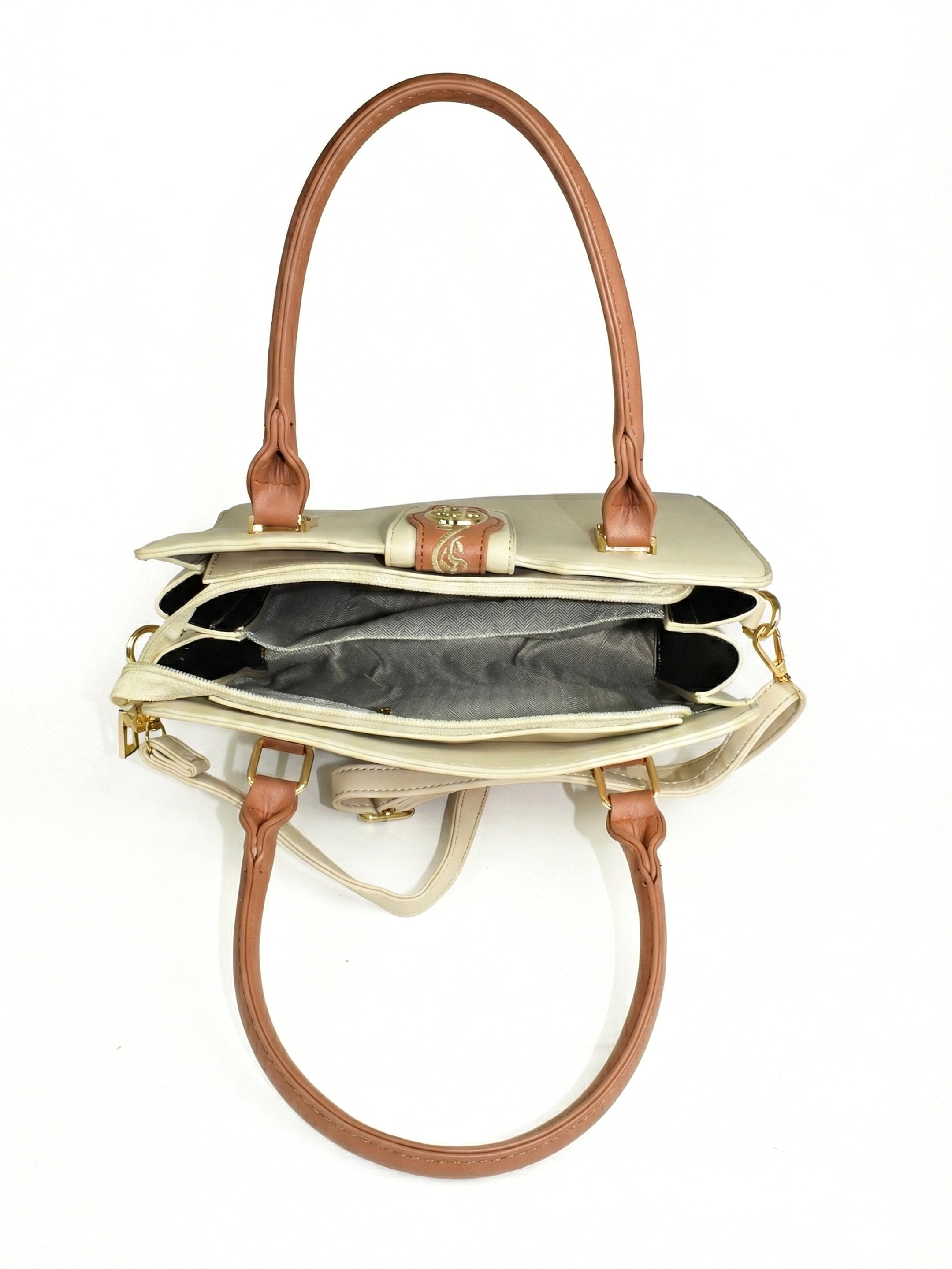 Ajanta Women’s Stylish Satchel Cream Handbag with Detachable Sling Strap