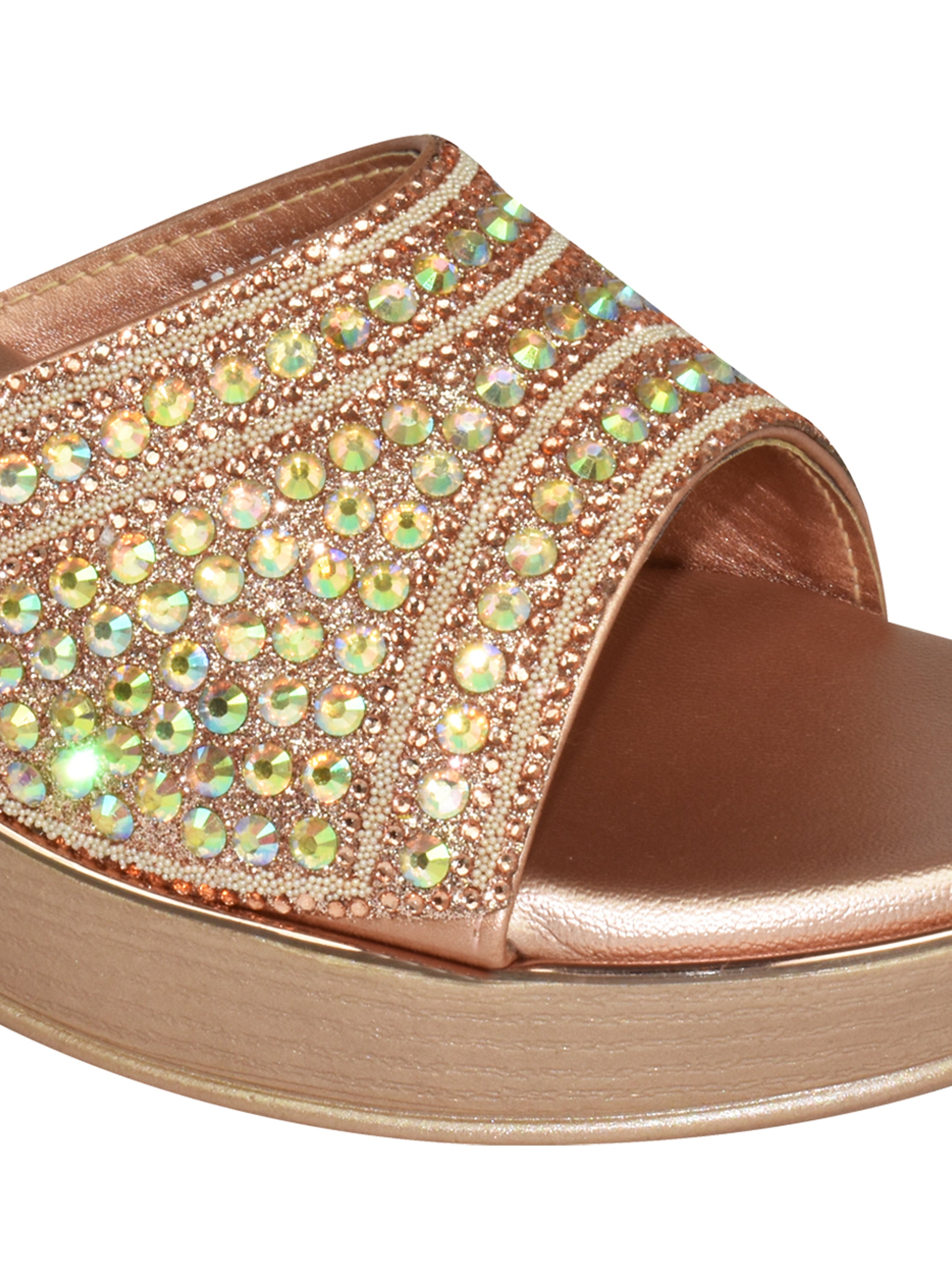 QIARRA Women's Bronze Stone Embellished Rexine Upper, Cushioned Insole PVC Sole Open Toe Mule Wedge Sandal ML0907