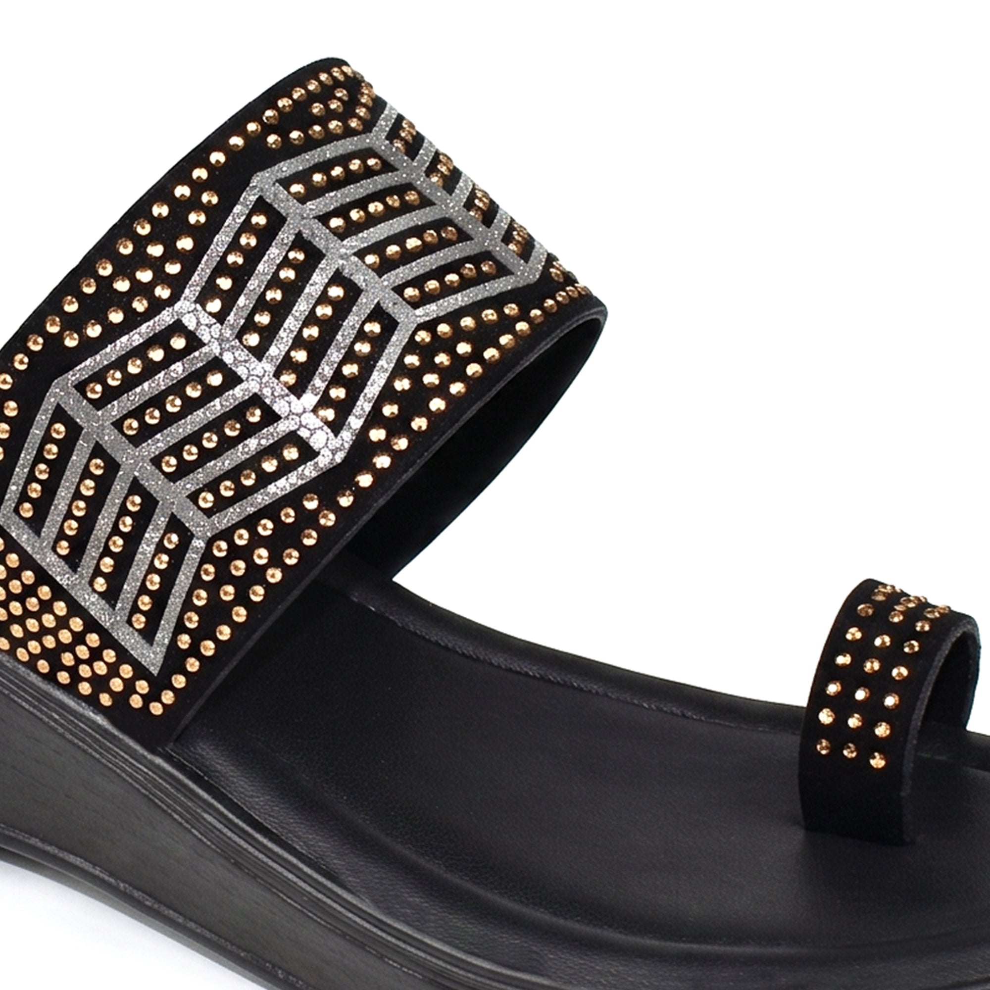 AJANTA Women Embellished Wedge Heel Sandals | Comfortable Slip-On Daily Wear Casual Footwear Black