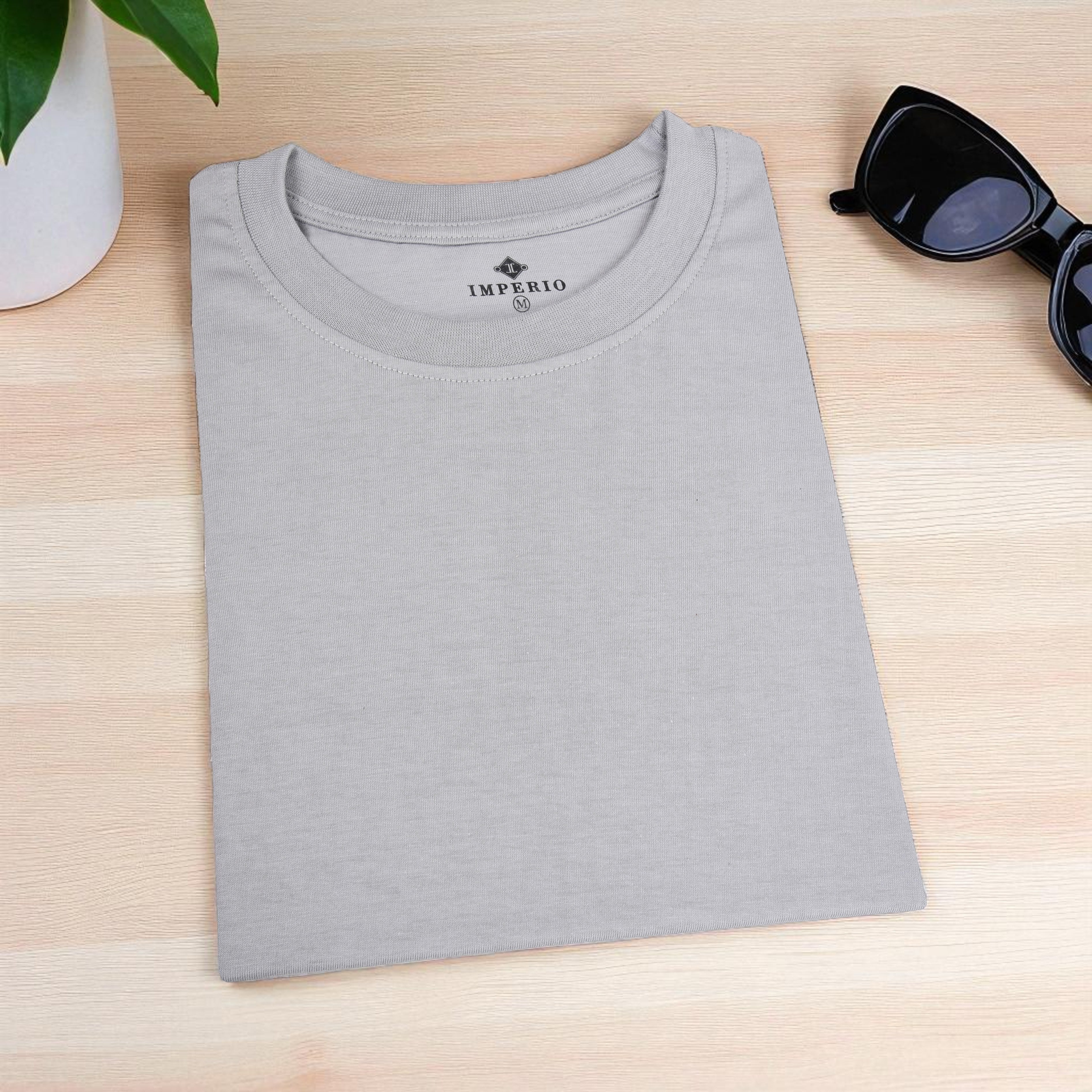 IMPERIO Men Grey Solid Round Neck T-Shirt | Pure Cotton, Casual Fit RN5016