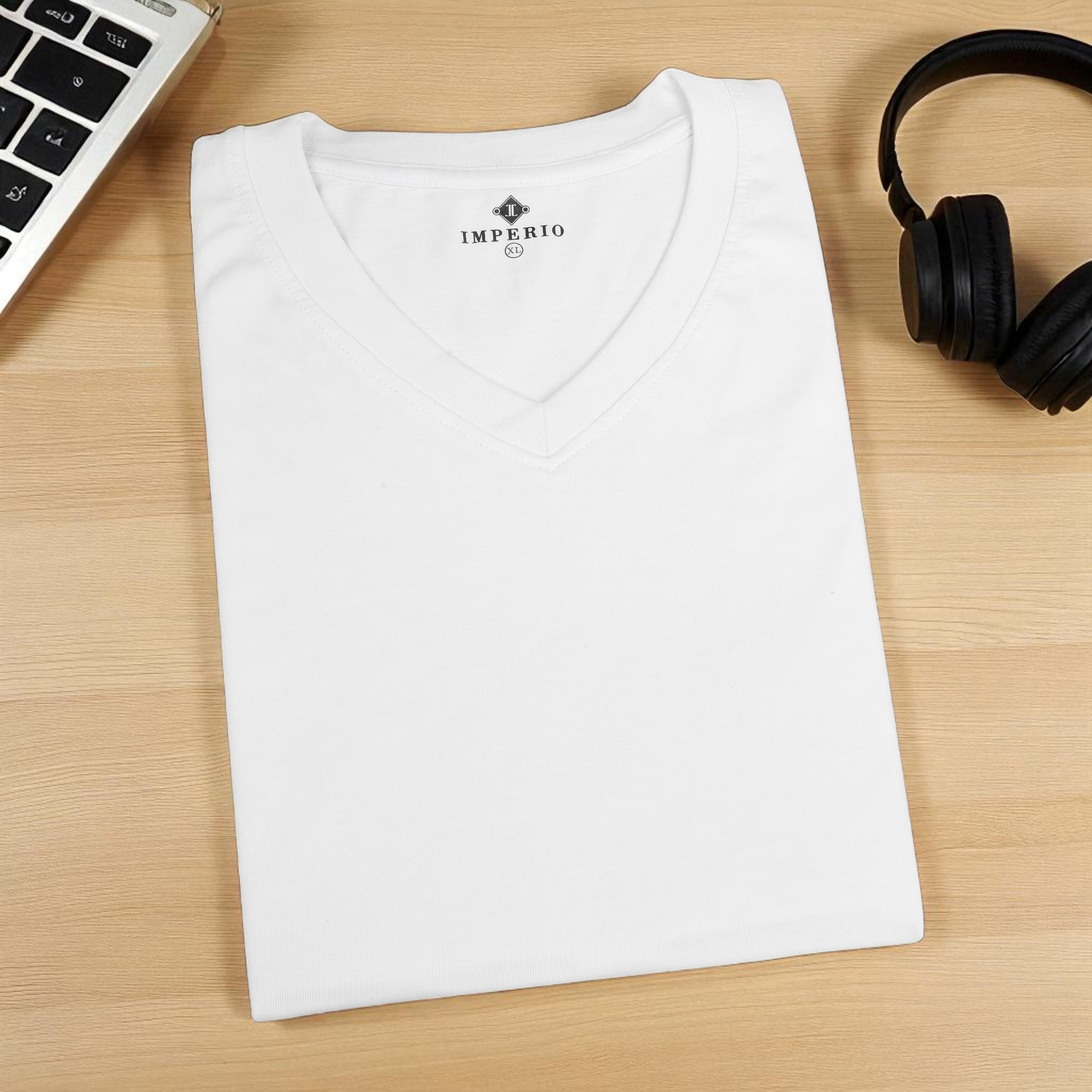 IMPERIO Men White Solid V-Neck T-Shirt | Pure Cotton, Casual Fit VN5014