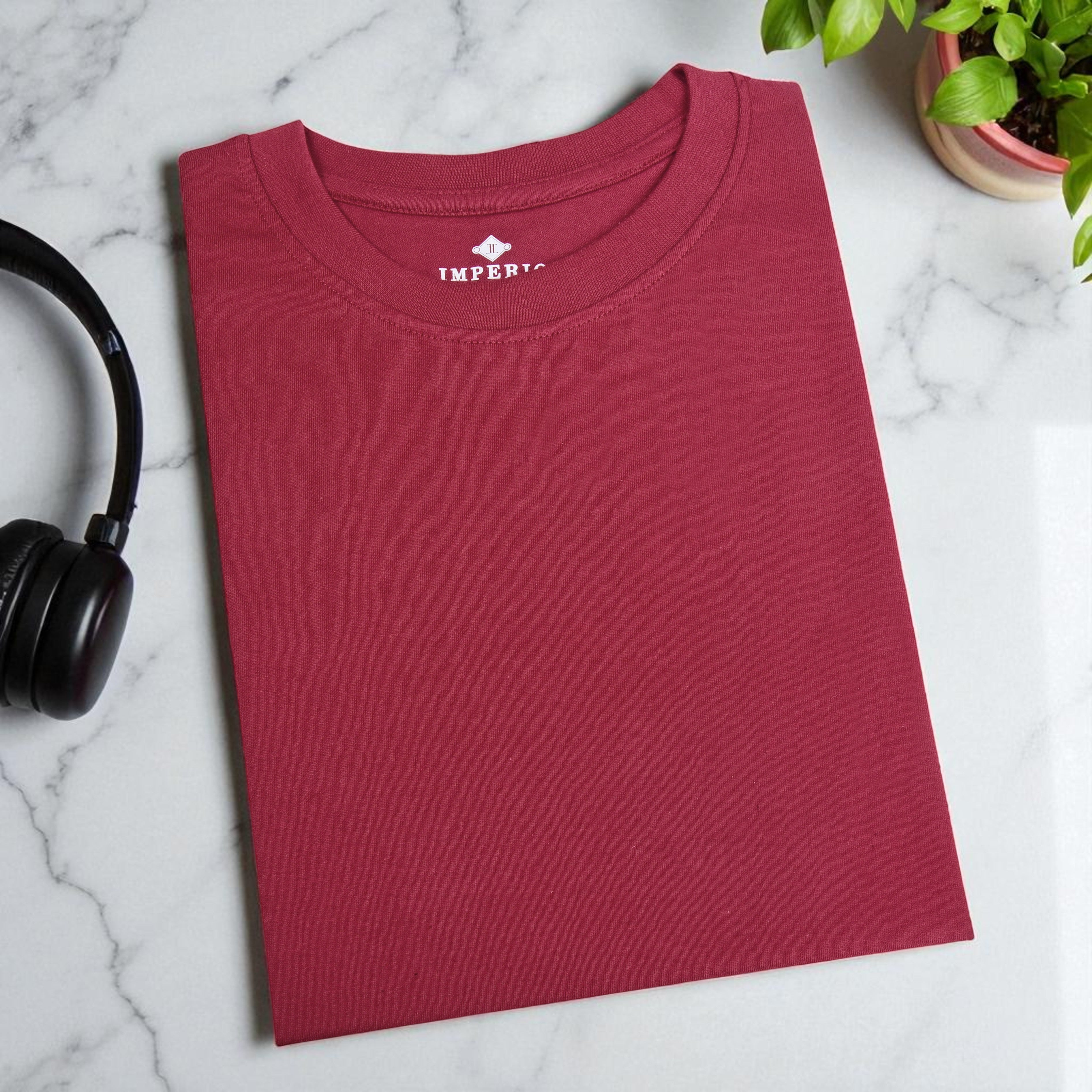 IMPERIO Men Maroon Solid Round Neck T-Shirt | Pure Cotton, Casual Fit RN5018