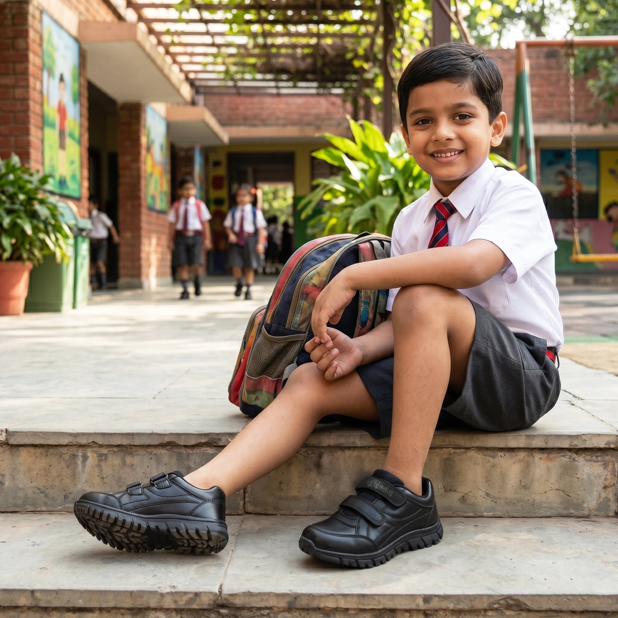 Premium Black School Shoes for Boys & Girls with Comfortable Double Velcro Closure and Strong Grip Sole