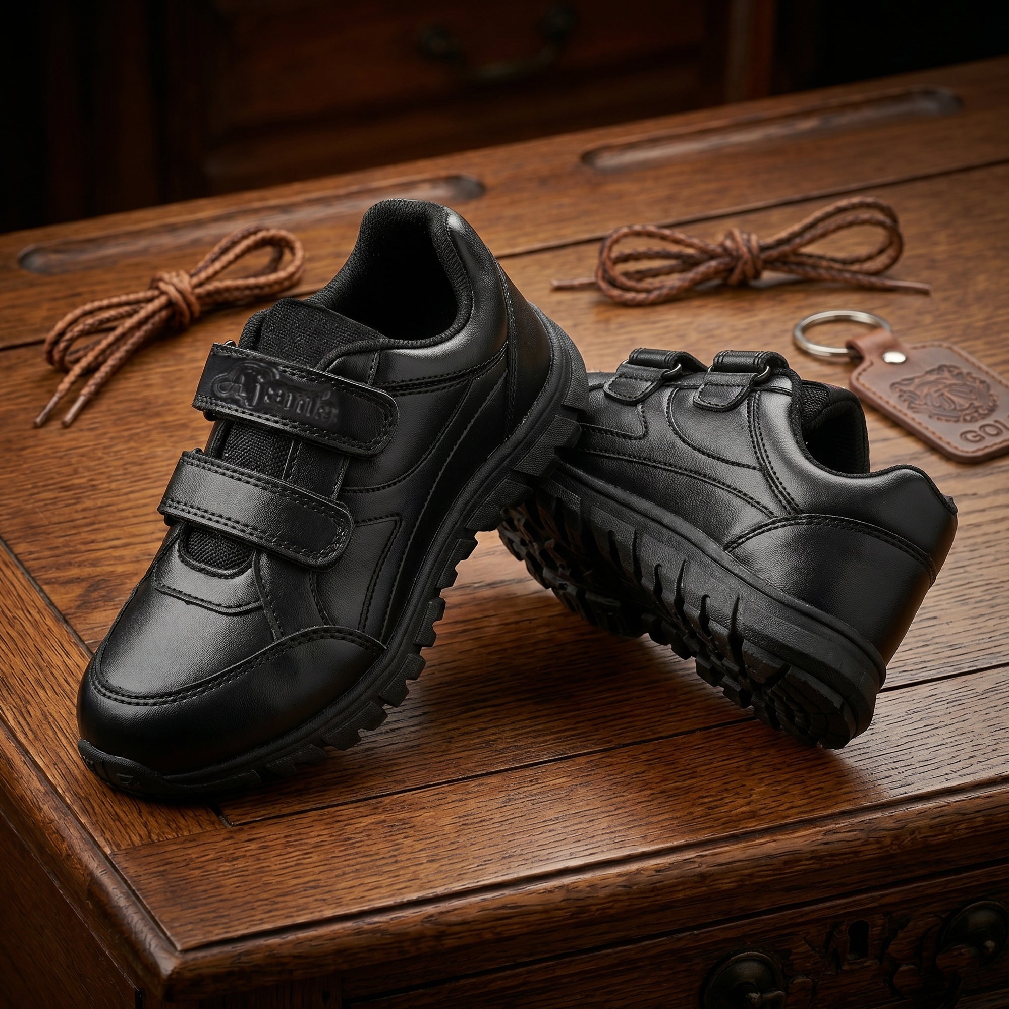 Premium Black School Shoes for Boys & Girls with Comfortable Double Velcro Closure and Strong Grip Sole