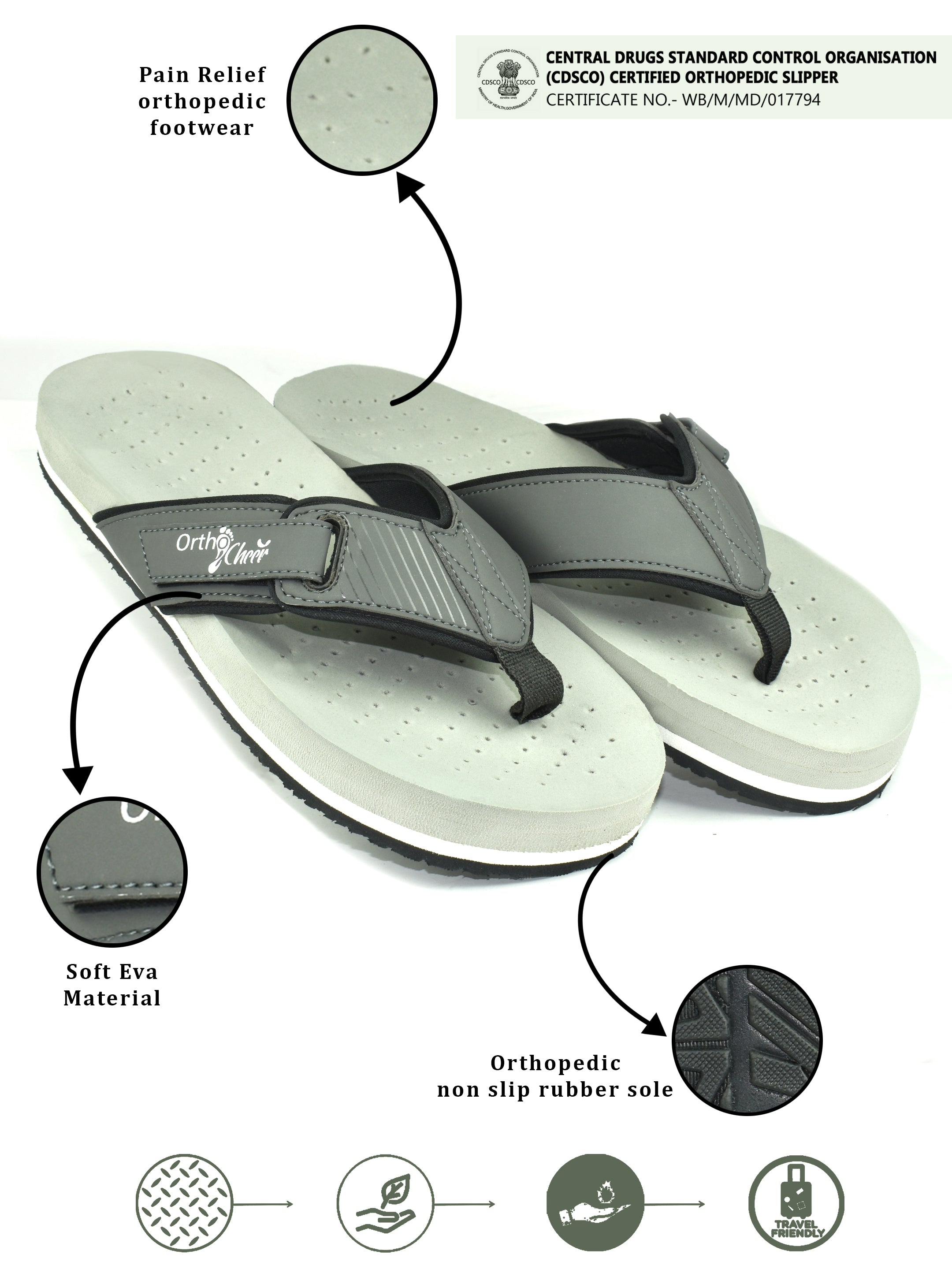 Ortho Cheer Men's Orthopedic and Diabetic Friendly Super Soft, Lightweight & Comfortable Slipper with Velcro Strap AO2008