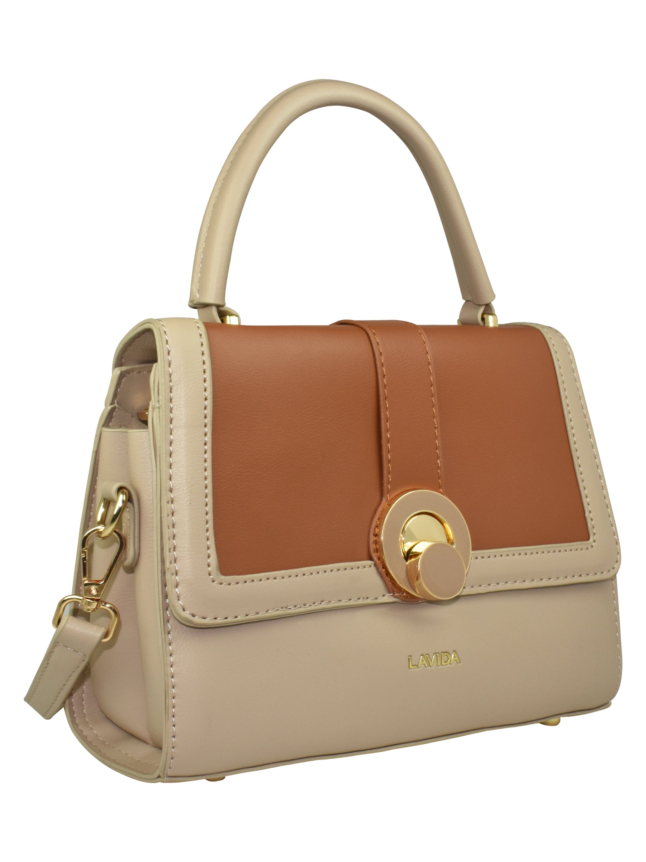 QIARRA by Ajanta Beige & Brown Synthetic Sling Bag for Women | 2 Compartments | Buckle Lock | Zipper Chains | Handle Detachable Sling Strap-VB8013