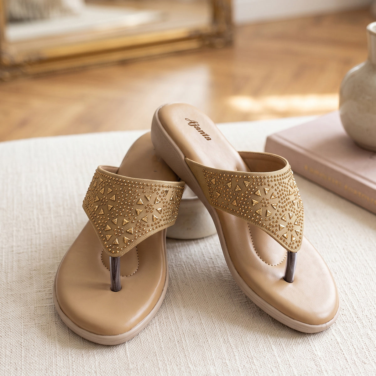 AJANTA Rhinestone Embellished Wedge Sandal for Women | Ladies Comfortable Sole Wedge Heel Sandal | Ethnic Toe Post Slip-On Casual Sandal | Lightweight Footwear For Party, Festive, Office, Outdoor