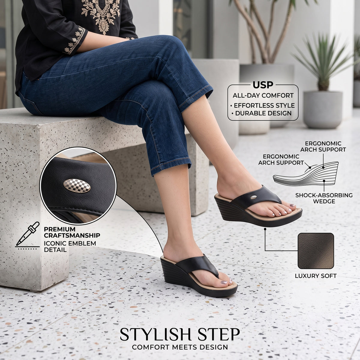 AJANTA Women Wedge Heel Sandals | Toe Post Flip Flop Sandals for Women | Platform Slip On Sandals | Lightweight Cushioned Walking Footwear | Daily, Office, Travel, Puja & Occasion Wear Black