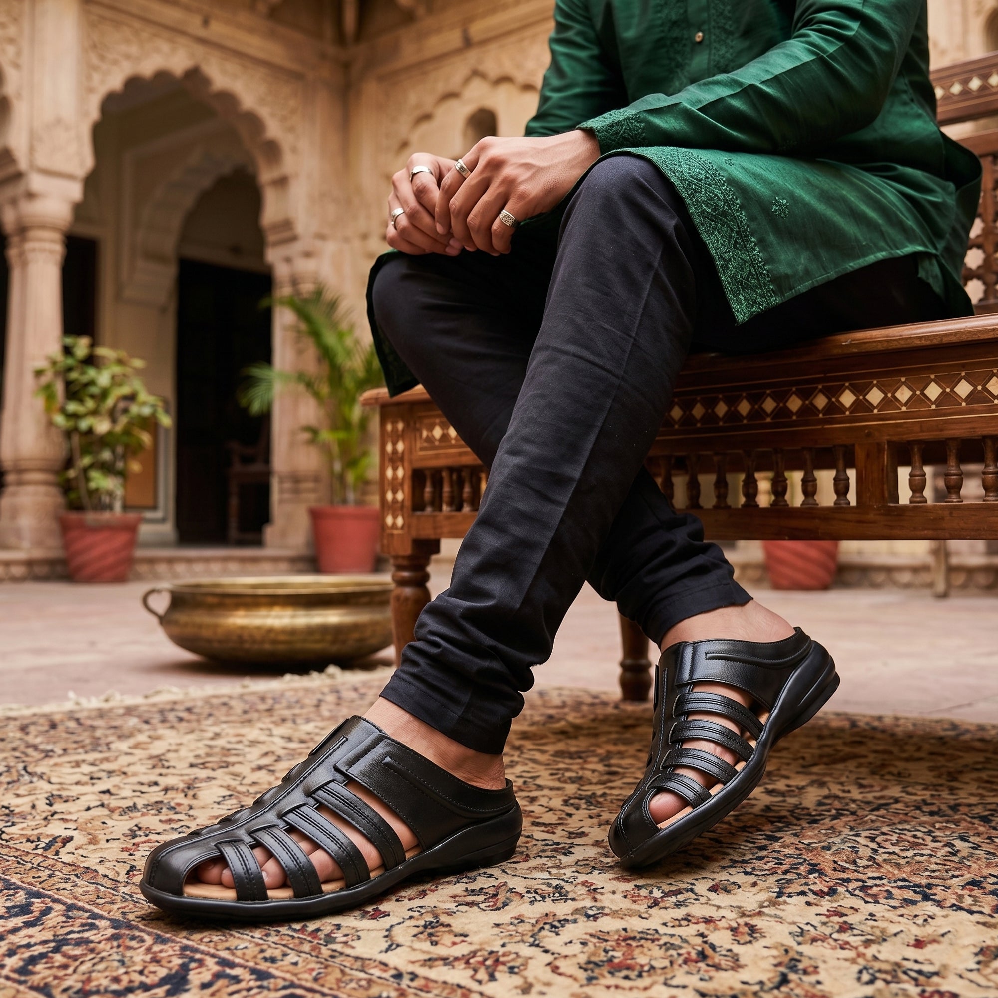 AJANTA Men's Premium Fisherman Sandals | Closed Toe Slip-On Casual Sandals | Lightweight Anti-Skid Comfortable, Breathable, Cushioned Grip Insole & Flexible Walking Sandals | Back Open Leather Look Daily Wear Office, Travel, Outdoor & Ethnic Puja Footwear