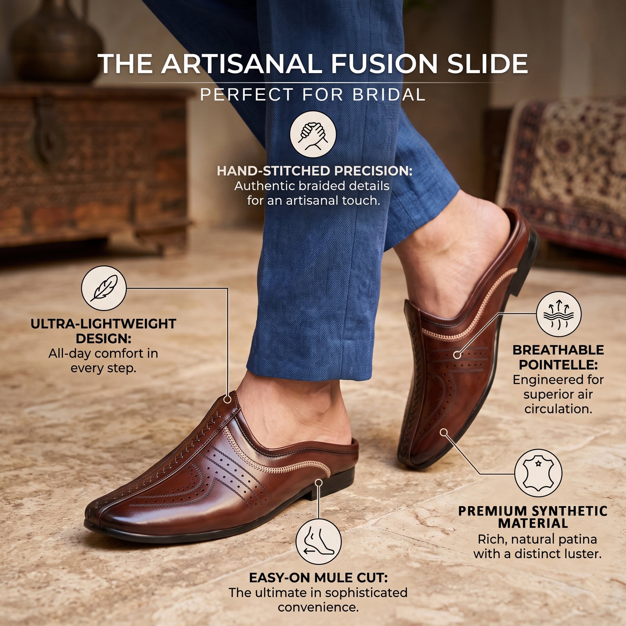 AJANTA Men's Brown Mule Loafers Shoes | Formal Slip-On Mules for Men | Synthetic Leather Ethnic Mojari Style Back Open Dress Wear | Comfortable Lightweight Airmix Sole | Office Wear, Wedding, Party Festive & Traditional Casual Footwear