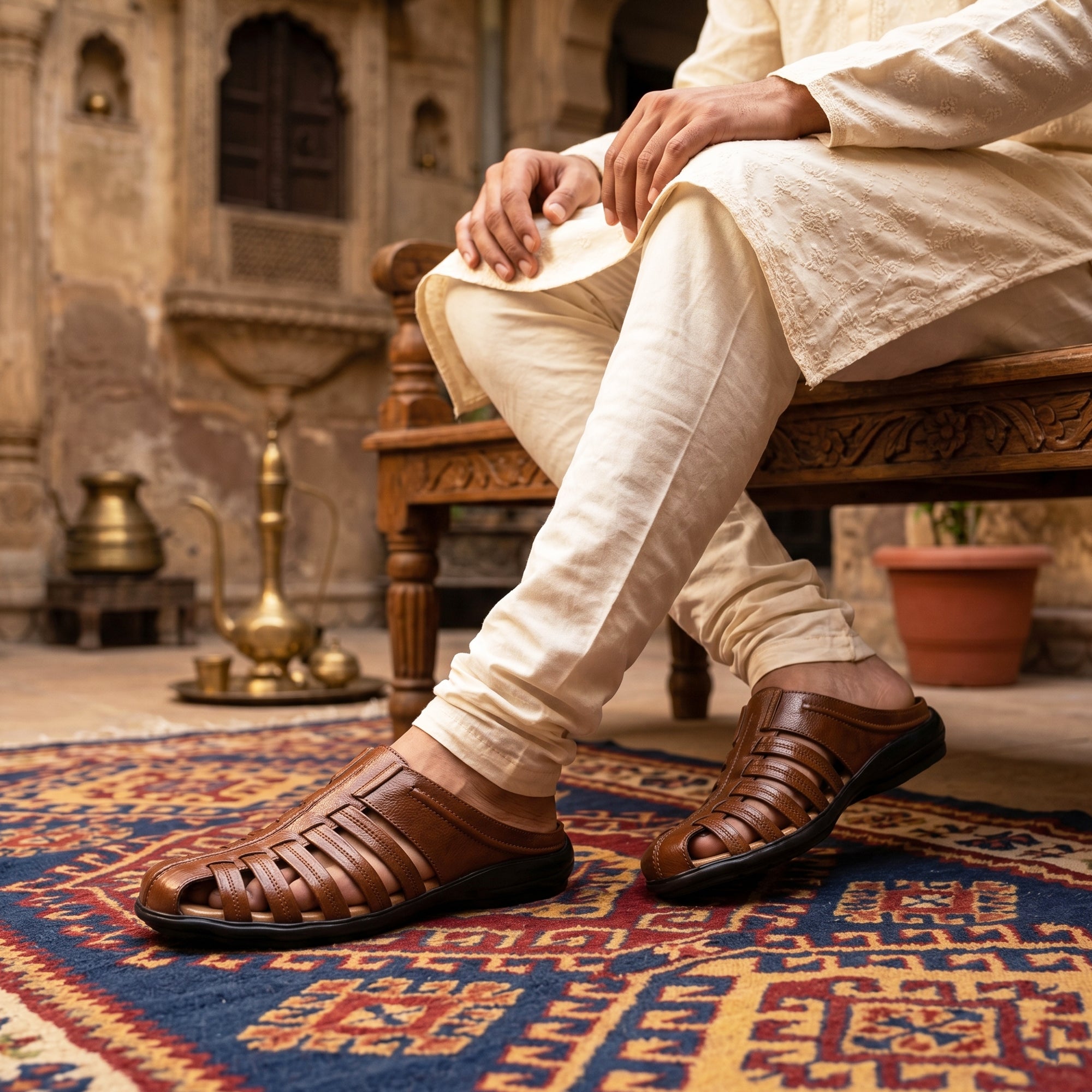 AJANTA Men's Premium Fisherman Sandals | Closed Toe Slip-On Casual Sandals | Lightweight Anti-Skid Comfortable, Breathable, Cushioned Grip Insole & Flexible Walking Sandals | Back Open Leather Look Daily Wear Office, Travel, Outdoor & Ethnic Puja Footwear