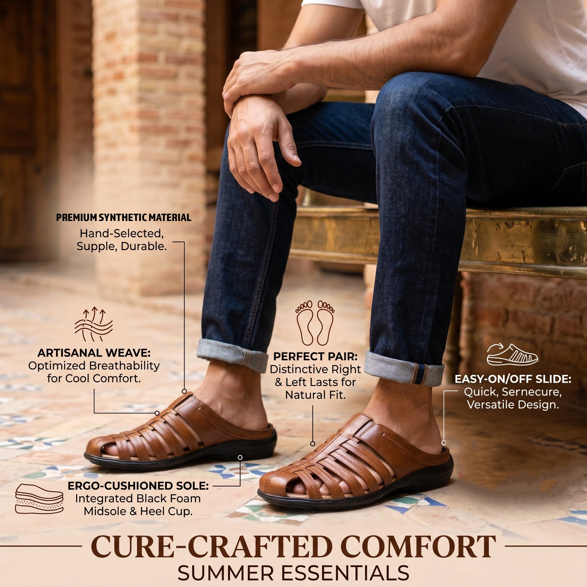 AJANTA Men's Premium Fisherman Sandals | Closed Toe Slip-On Casual Sandals | Lightweight Anti-Skid Comfortable, Breathable, Cushioned Grip Insole & Flexible Walking Sandals | Back Open Leather Look Daily Wear Office, Travel, Outdoor & Ethnic Puja Footwear