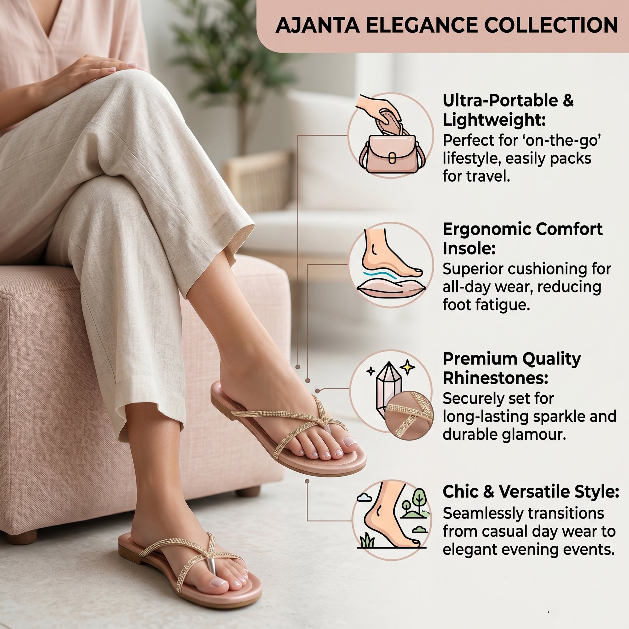 AJANTA Women's Rhinestone Embellished Flat Sandals | Lightweight Slip-On Cross Strap Toe Ring Open Toe Stylish Sandals | Anti-Skid Daily Wear for Office, College, Casual Party, Wedding, Travel, Puja & Festivel Wear | Trendy modern woman Fashion sandals