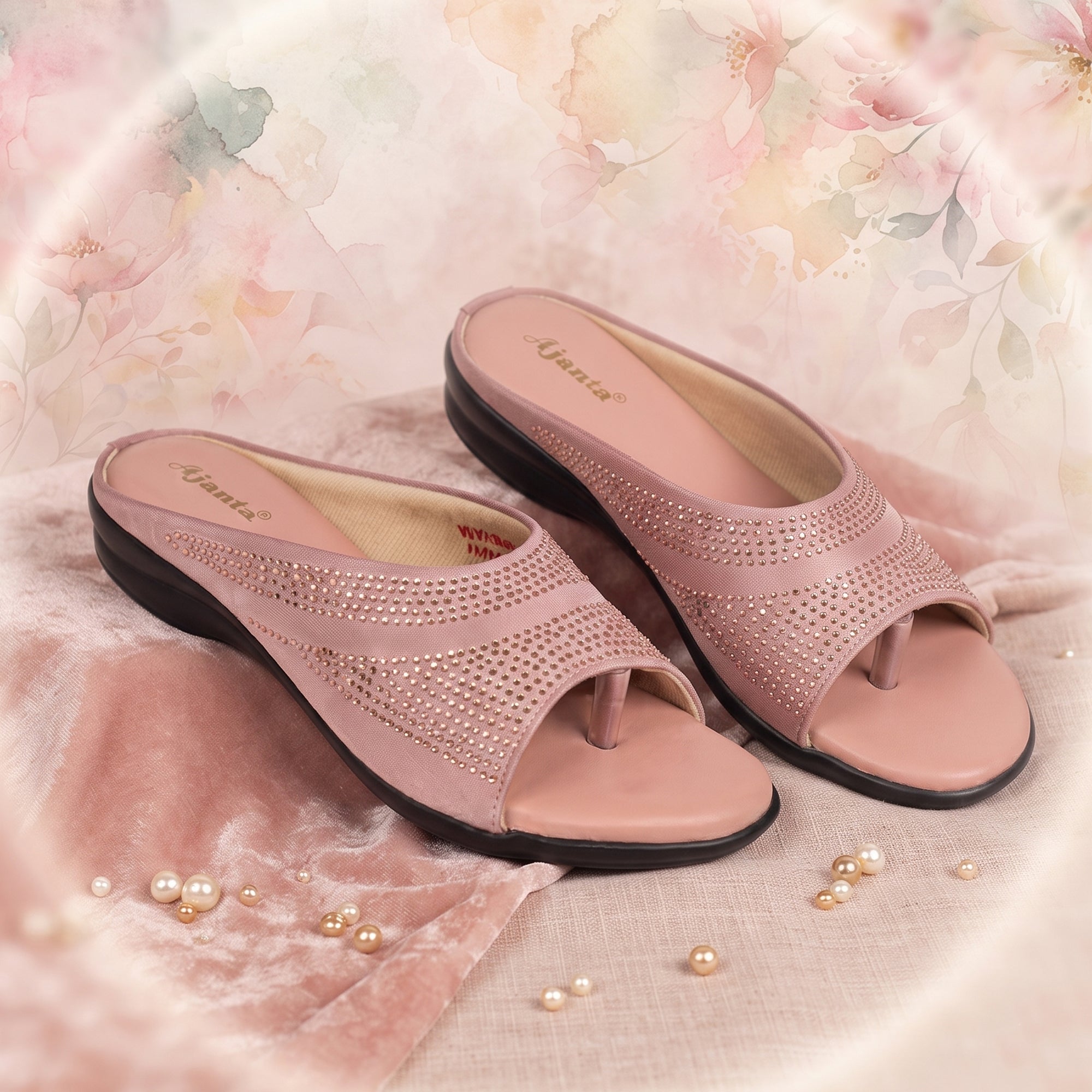 AJANTA Rhinestone Embellished Wedge Sandal for Women | Ethnic Toe Post Slip-On Casual Sandal | Girls Comfortable Heel Sandal | Lightweight Footwear For Occasions, Party, Festive, Office, Travel