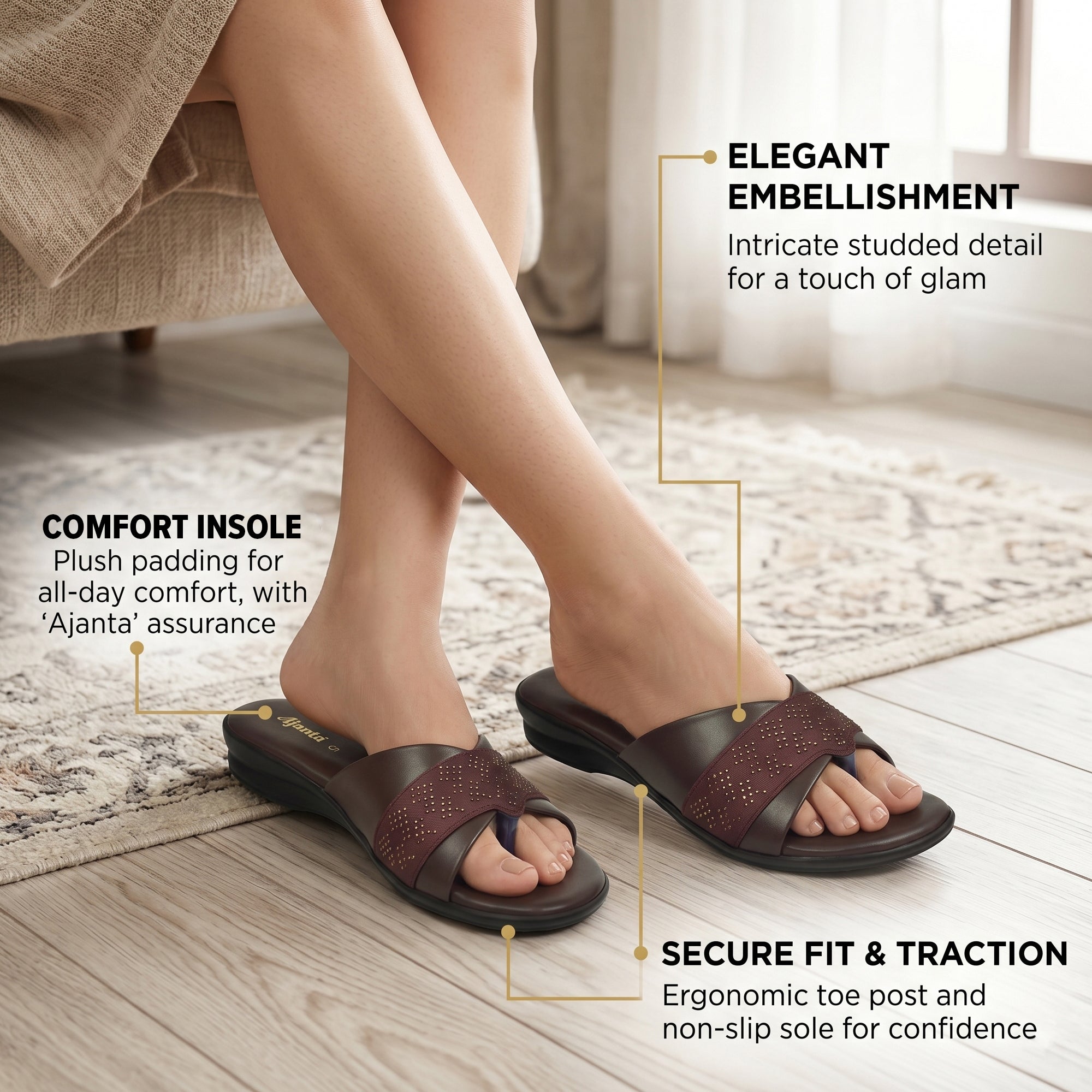 AJANTA Women's Stylish Toe Ring Rhinestone Embellished Cross Strap Sandals | Lightweight Slip-On Flat Sandals with Extra Soft Cushioned Footbed & Anti-Skid Sole | Casual, Office, College, Party, Wedding, Puja & Occassional Wear