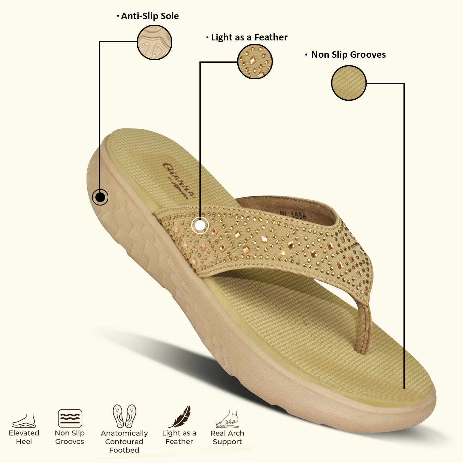 QIARRA V- Strap, Embellished, Comfort, Slip-On Casual Sandals for Women BL1556