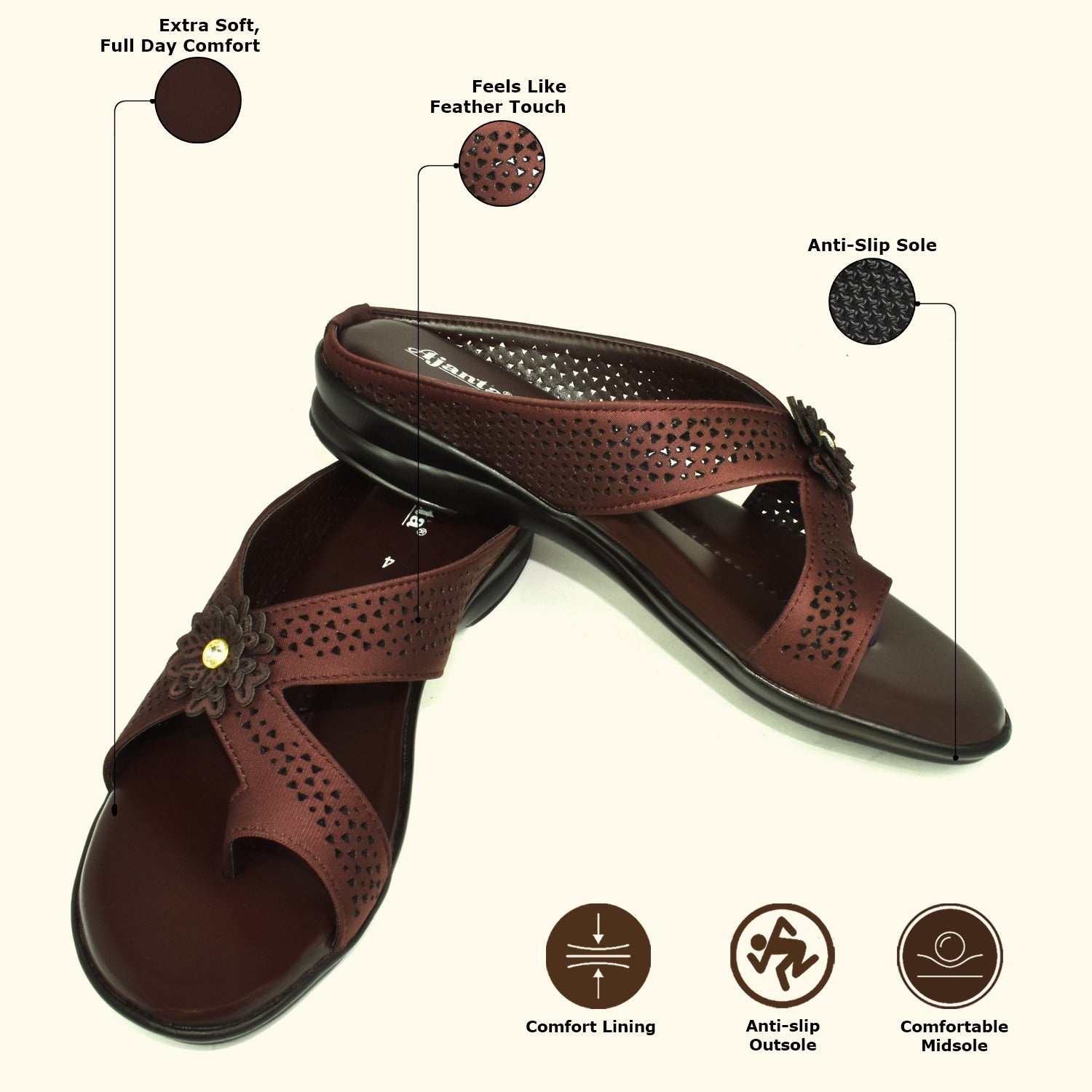 Ajanta Brown Thong Style Laser Cut Slip-on Flat Sandal for Women EL3024