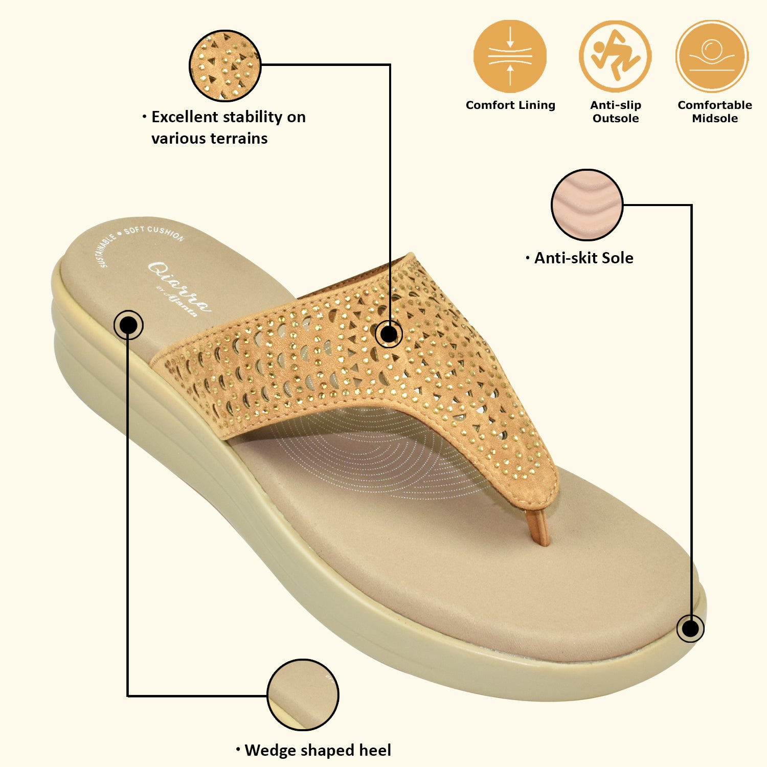 Qiarra Beige T-Strap Wedge Sandal