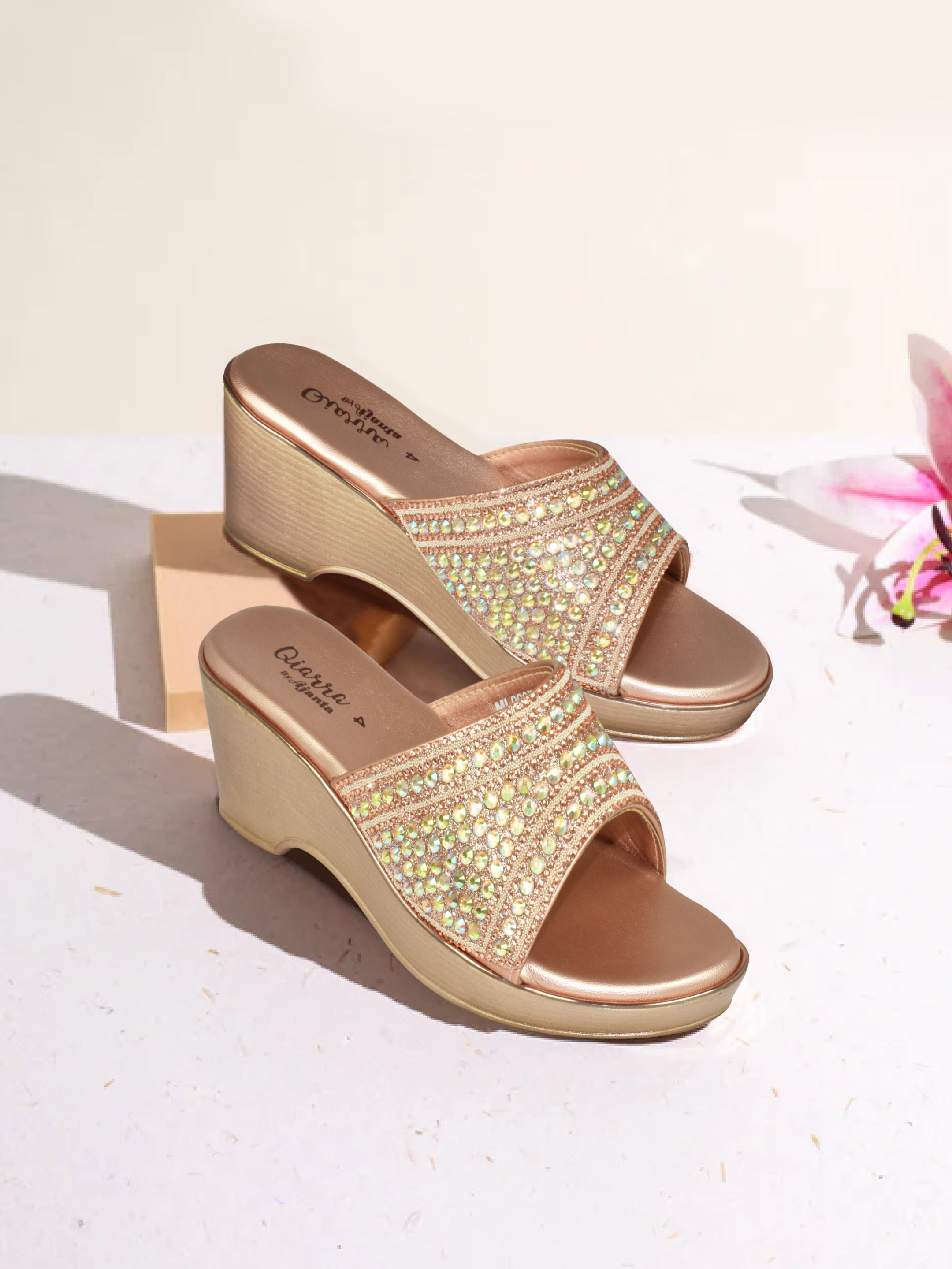 QIARRA Women's Bronze Stone Embellished Rexine Upper, Cushioned Insole PVC Sole Open Toe Mule Wedge Sandal ML0907