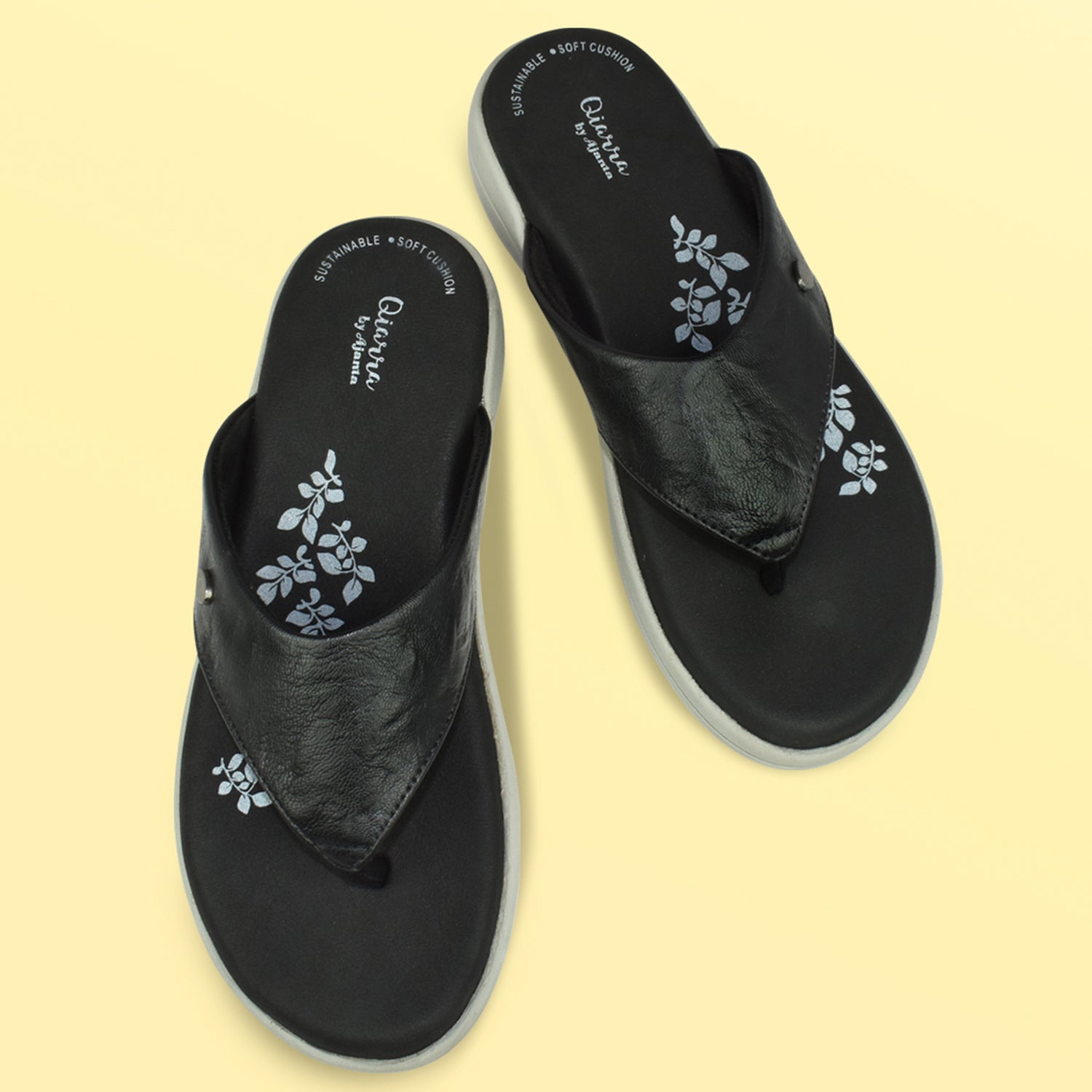 Qiarra Black Thong Style Floral Printed Cushioned Footbed Sandal for Women EL1059